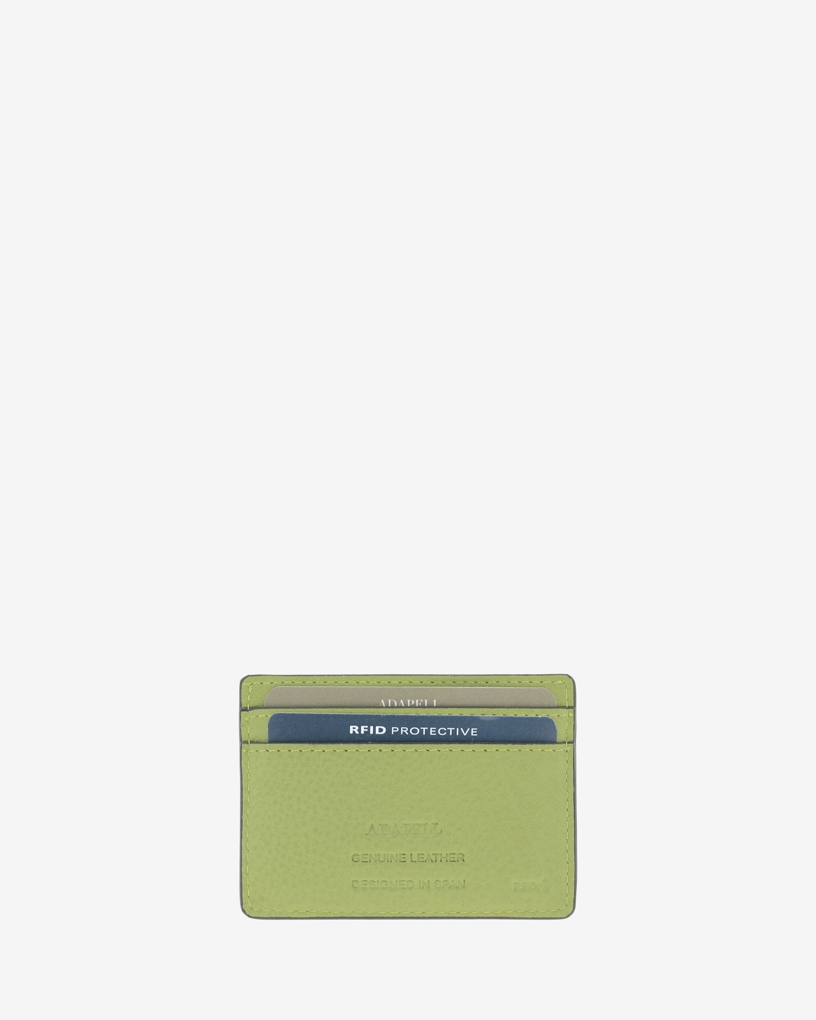 Tarjetero de mujer Brisa en color Verde Sage, vista trasera con dos ranuras para tarjetas y marcado RFID.