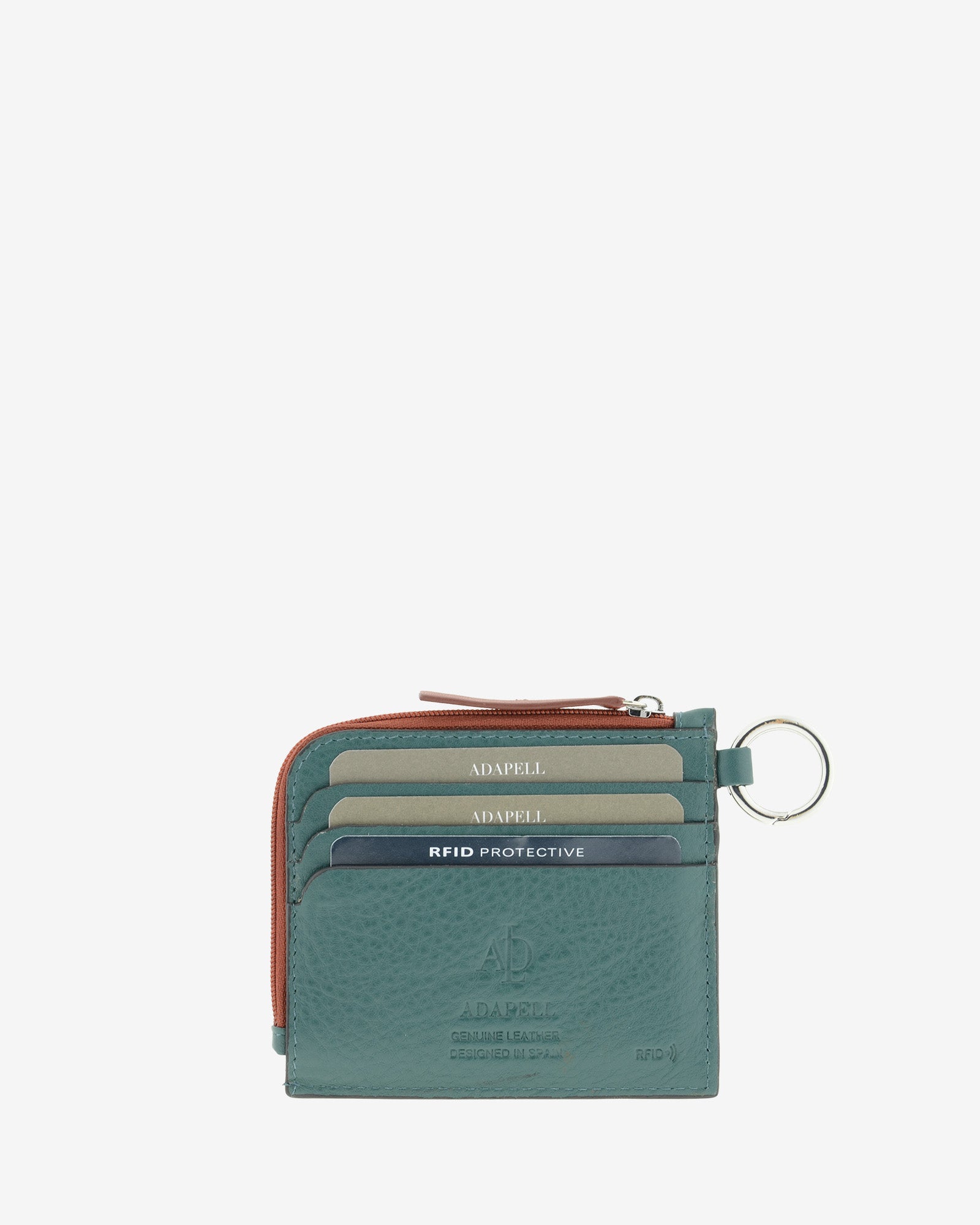 Tarjetero de mujer Brisa en color Ocean Teal, vista trasera con tres ranuras exteriores para tarjetas, anilla metálica y cierre de cremallera.