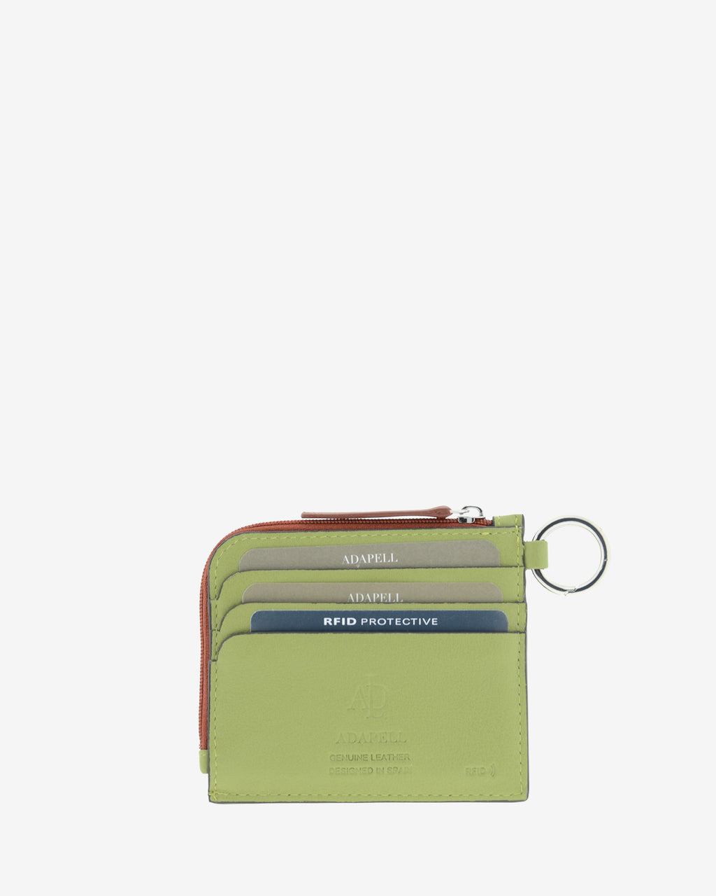 Tarjetero de mujer Brisa en color Verde Sage, vista trasera con tres ranuras exteriores para tarjetas, anilla metálica y cierre de cremallera.