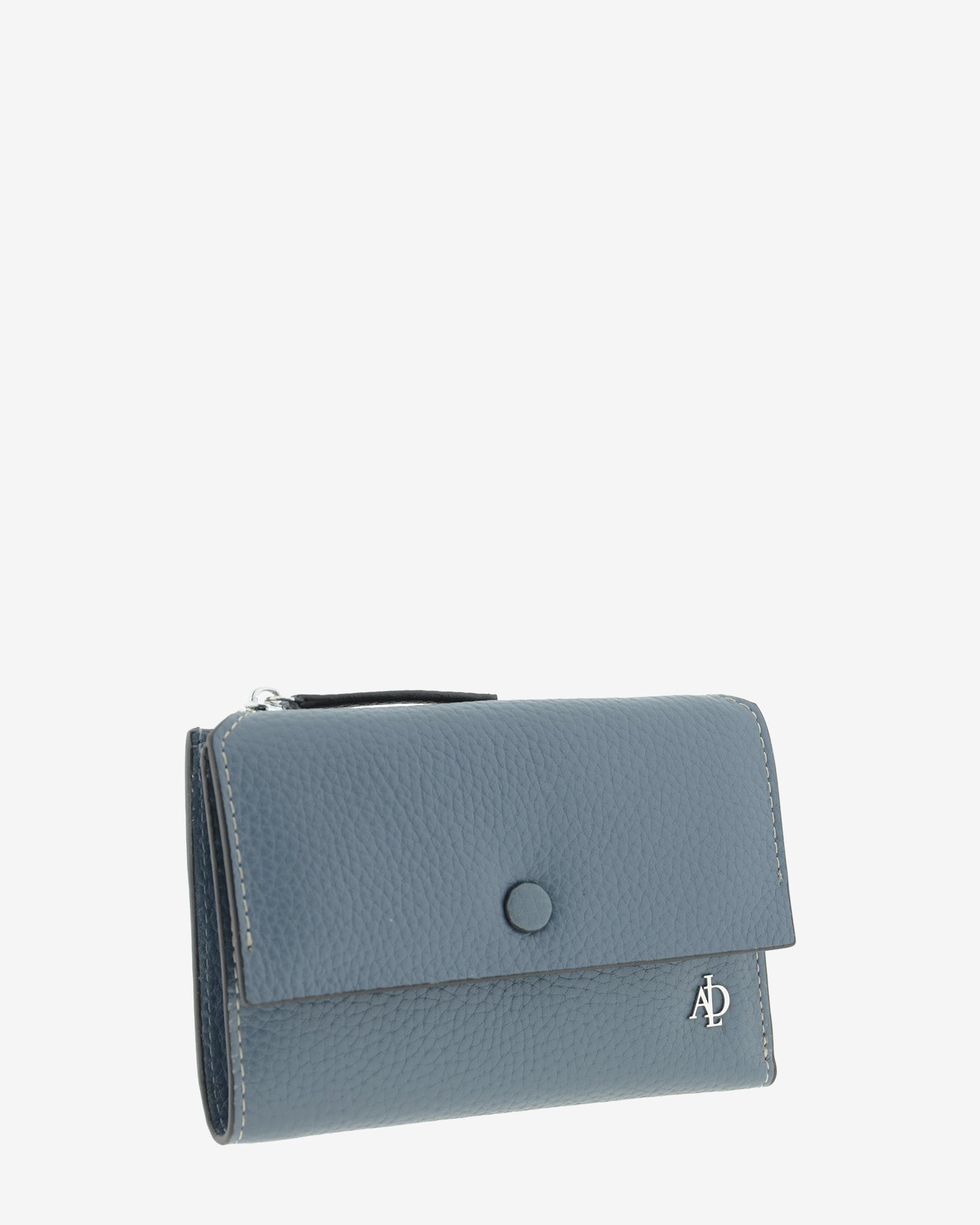 Cartera de mujer de piel auténtica ref. 4254-14, de medida mediana en color azul blue stone, con protección de tarjetas rfid, vista diagonal frontal