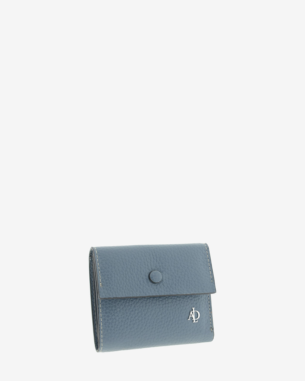 Cartera unisex pequeña y compacta 4256-14, en piel auténtica granulada de alta calidad con protección de tarjetas RFID, de color azul blue stone y solapa cerrada de la colección Nude. Vista diagonal frontal