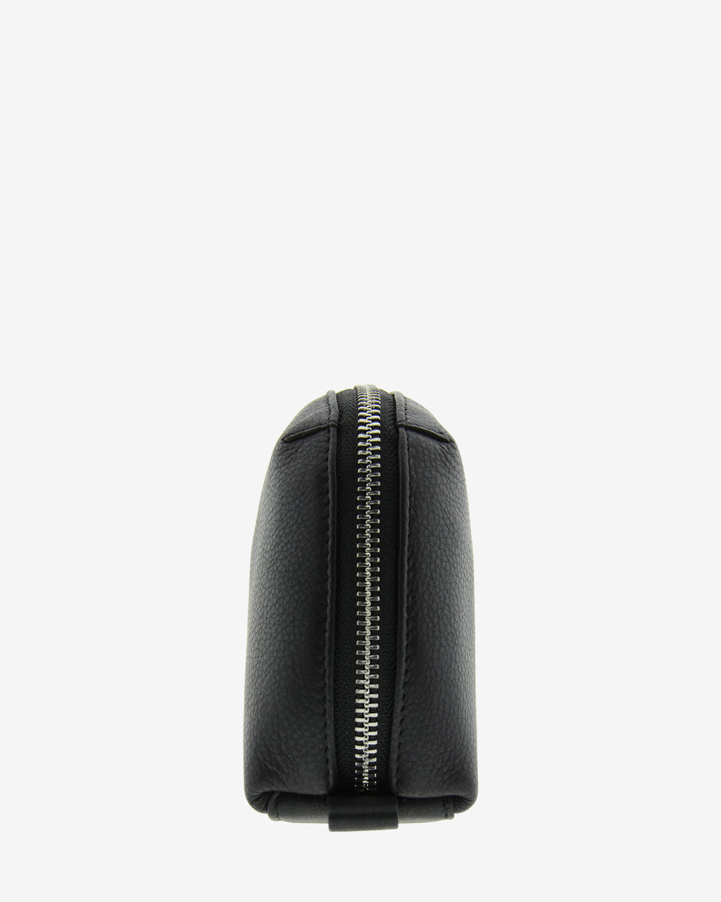 Tech pouch, estuche tecnológico en piel auténtica en color negro y cierre de cremallera, vista lateral