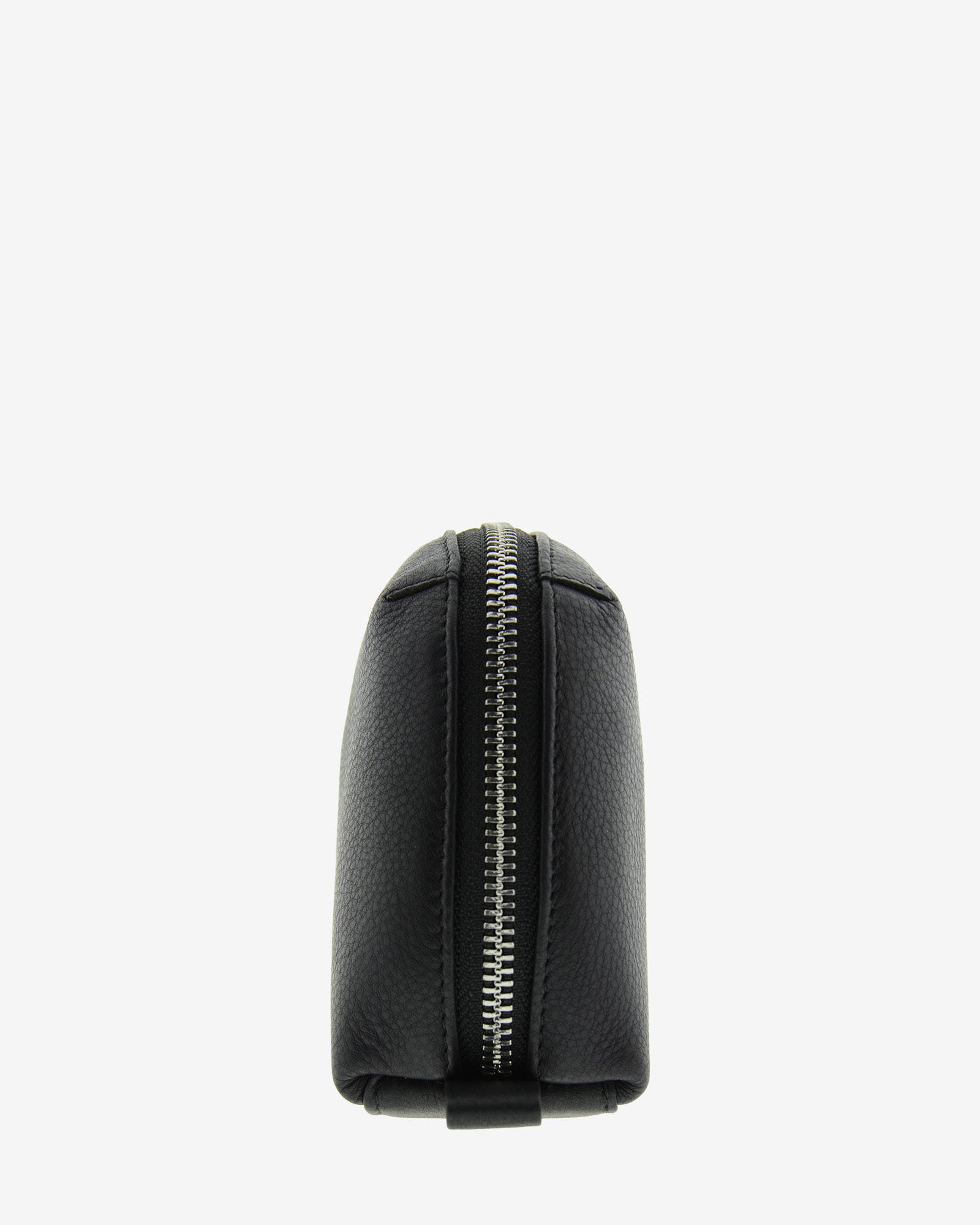 Tech pouch, estuche tecnológico en piel auténtica en color negro y cierre de cremallera, vista lateral