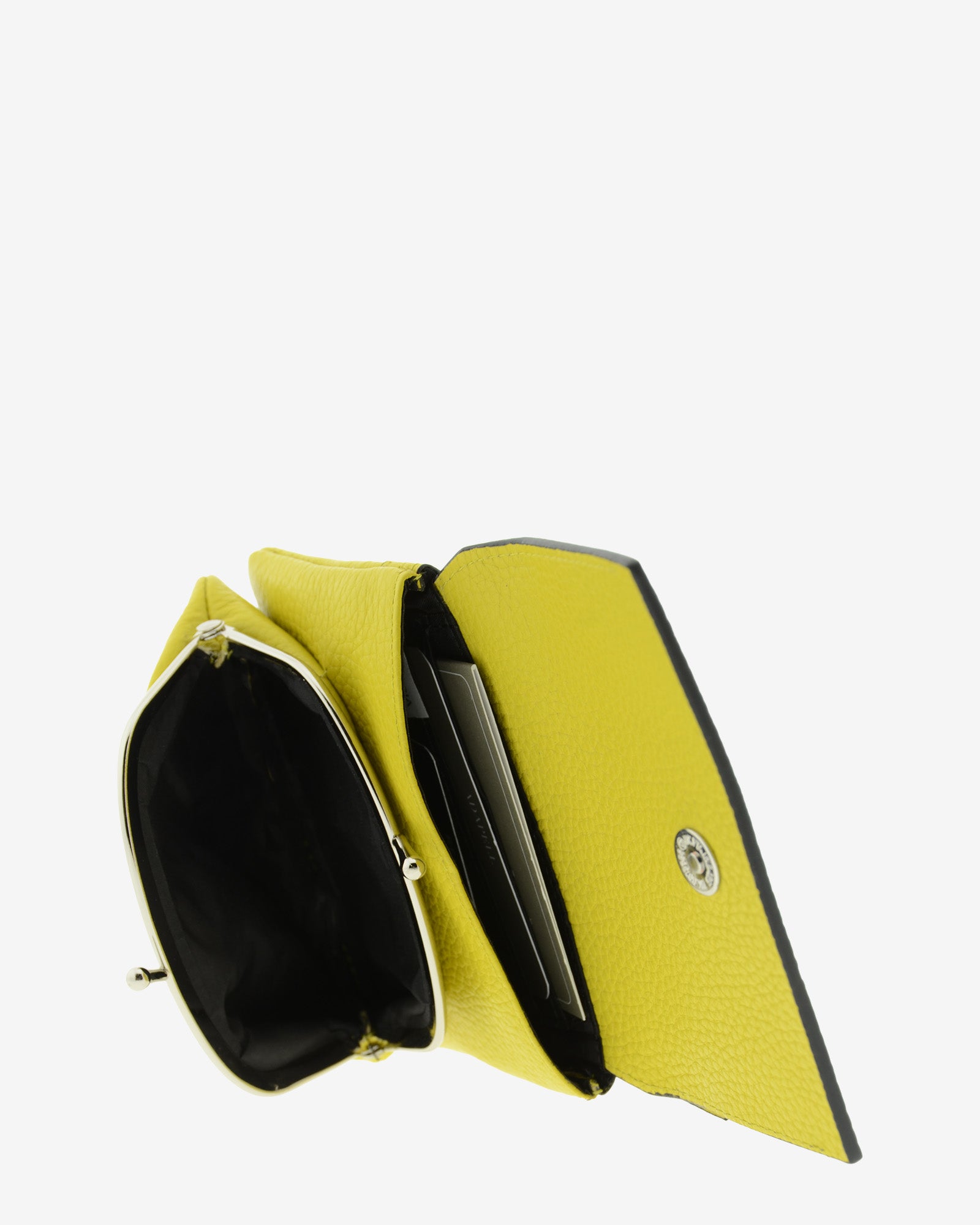 Monedero mediano ref. 4257-17, en piel auténtica granulada de alta calidad de color amarillo citrine, con boquilla interior y con protección de tarjetas RFID. Con cierre de solapa de la colección Nude. Vista interior