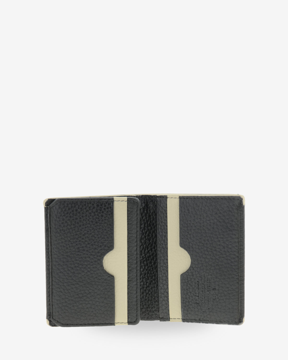 Interior abierto de la cartera vertical Nexo 1670 negra con organización para tarjetas y acabados en contraste.