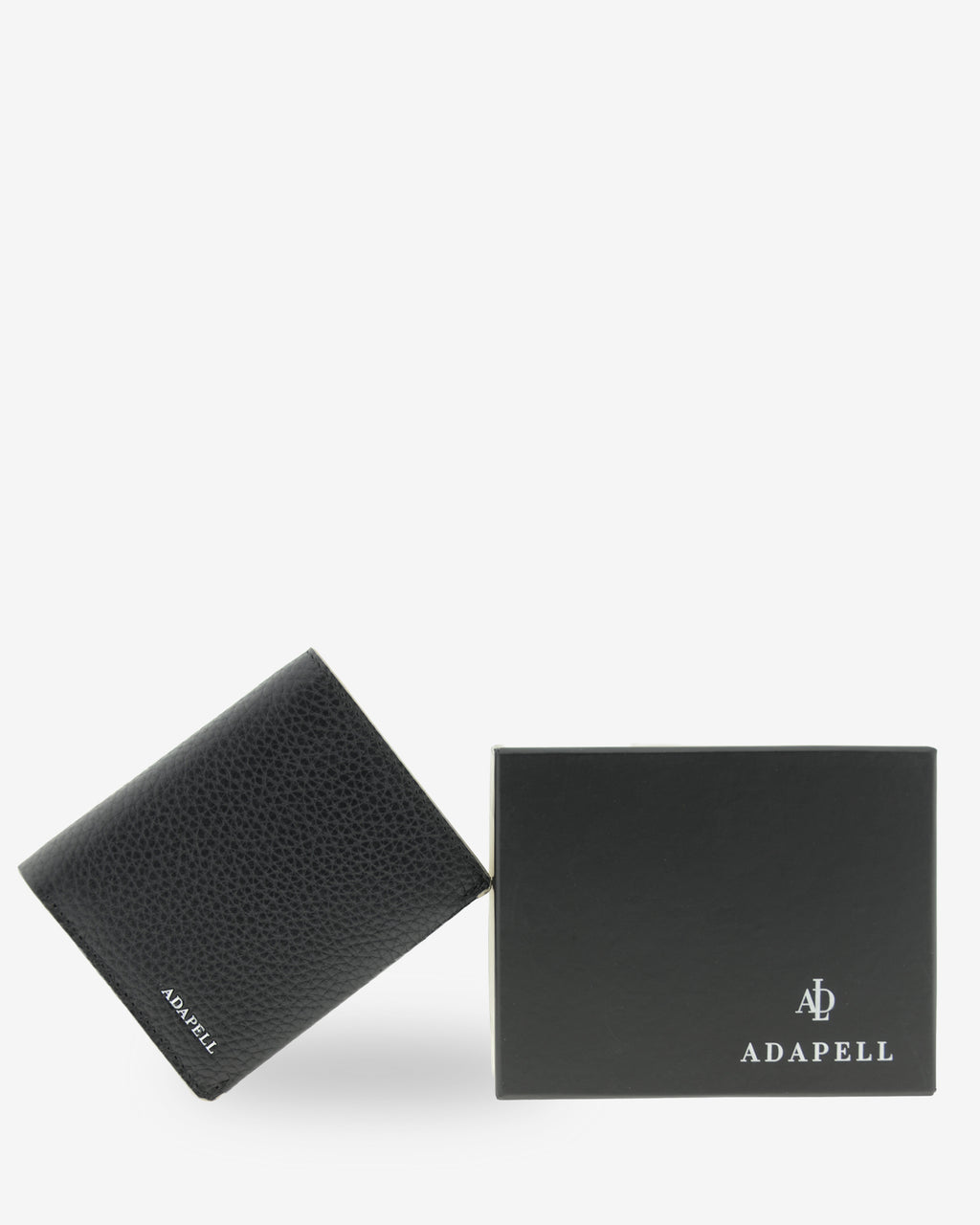 Cartera vertical de piel Nexo 1670 negra presentada junto a su caja Adapell.
