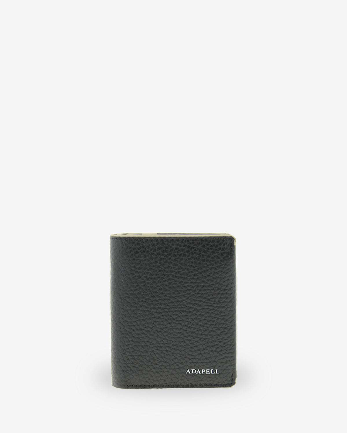 Vista frontal de la cartera vertical de hombre Nexo 1670 en piel negra con logo ADAPELL.
