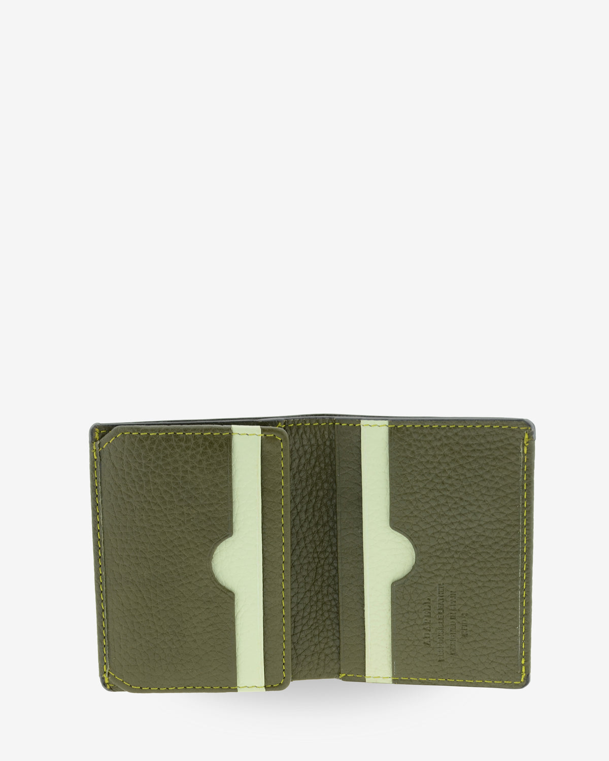 Interior abierto de la cartera vertical Nexo 1670 Verde Loden con organización para tarjetas y acabados en contraste.
