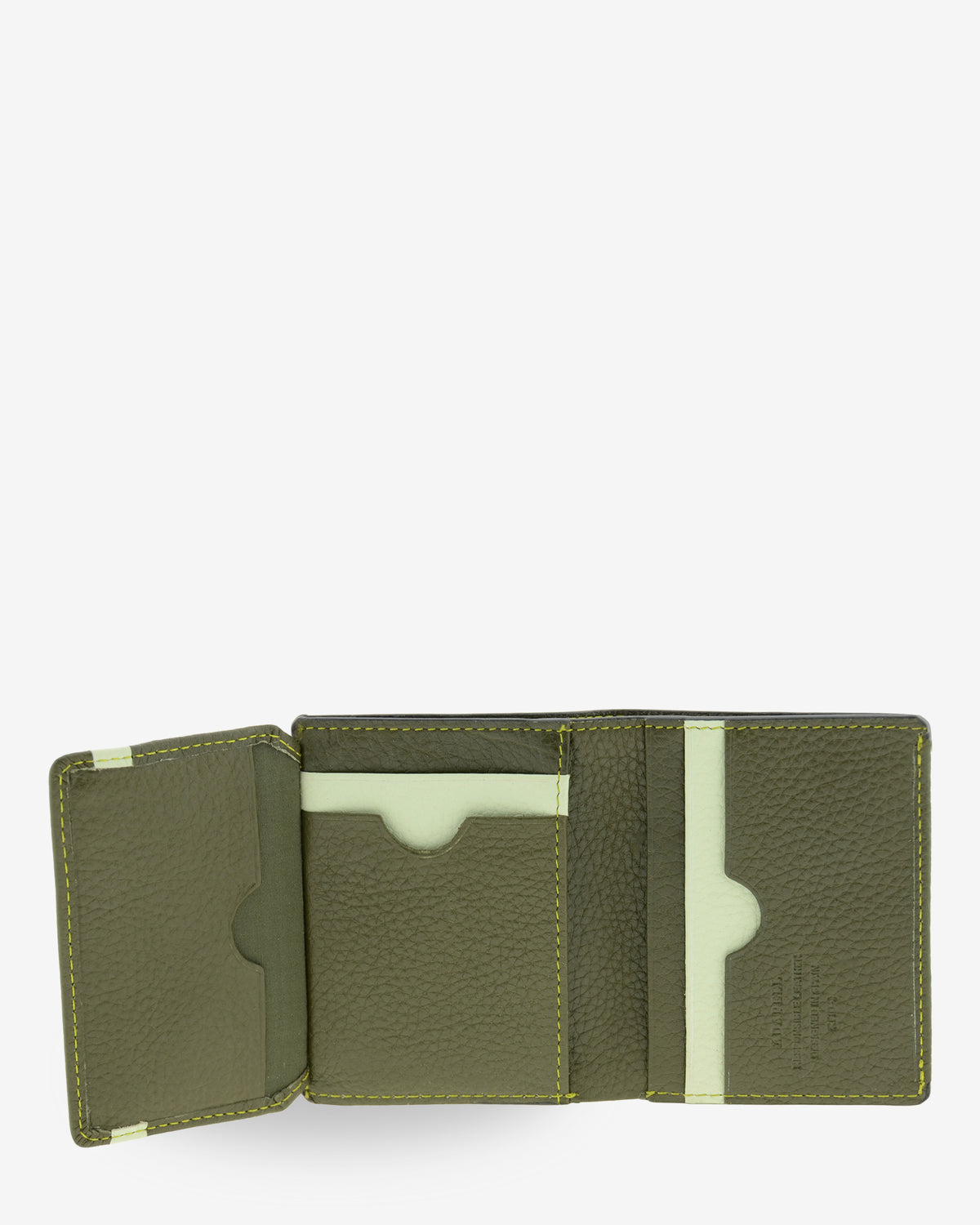 Interior desplegado de la cartera Nexo 1670 Verde Loden mostrando sus ranuras y secciones para tarjetas.