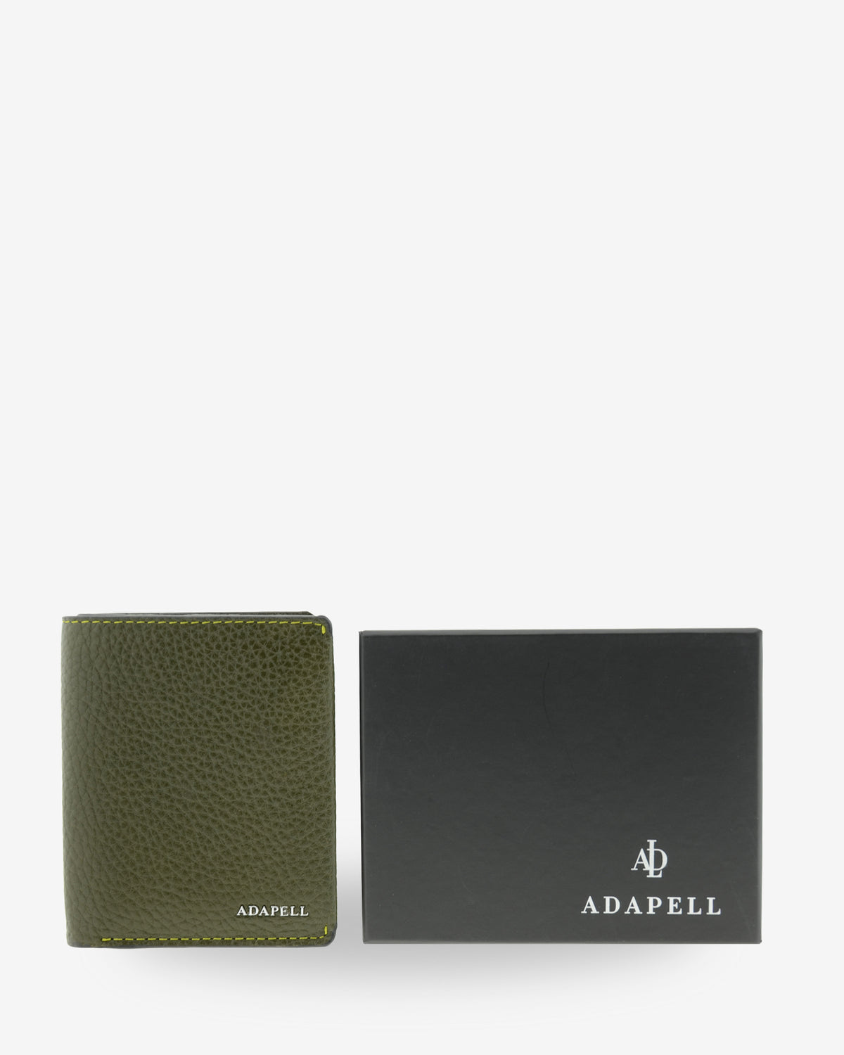 Cartera vertical de piel Nexo 1670 Verde Loden presentada junto a su caja Adapell.