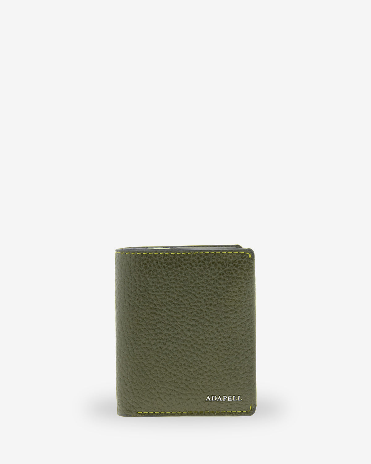 Vista frontal de la cartera vertical de hombre Nexo 1670 en piel color Verde Loden con logo ADAPELL.