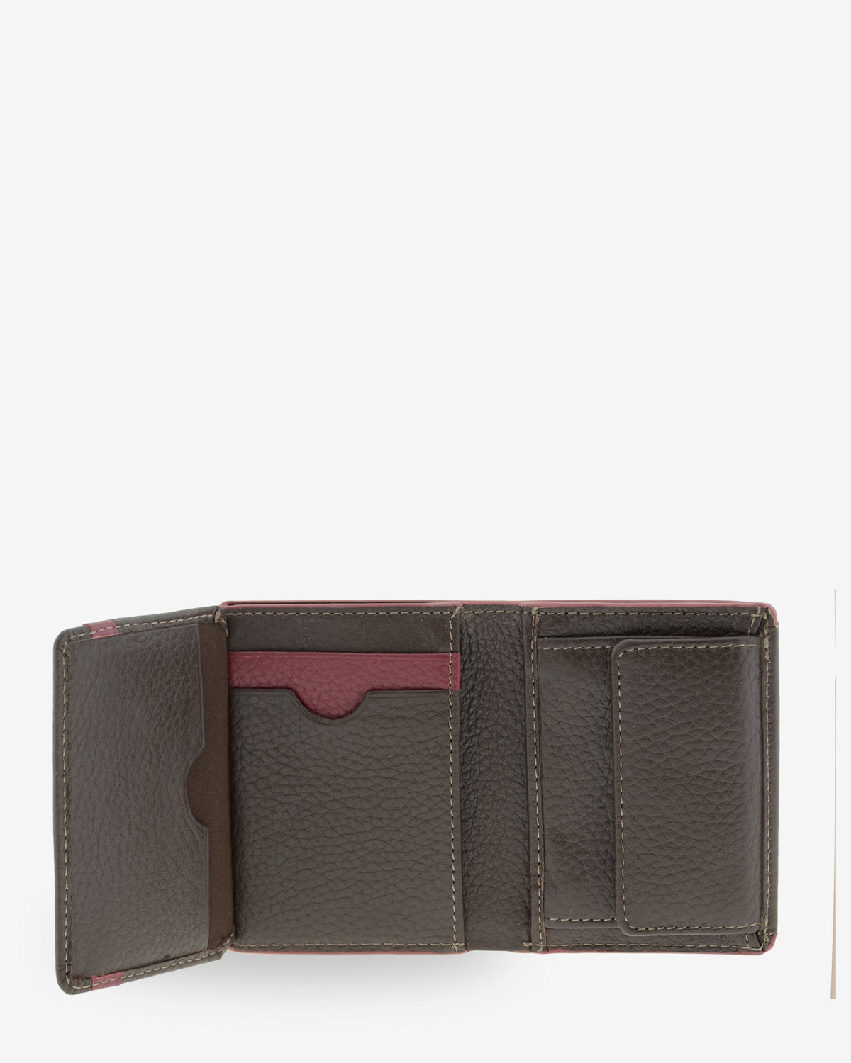 Cartera de hombre Nexo 1671 en piel chocolate completamente desplegada mostrando la organización interior