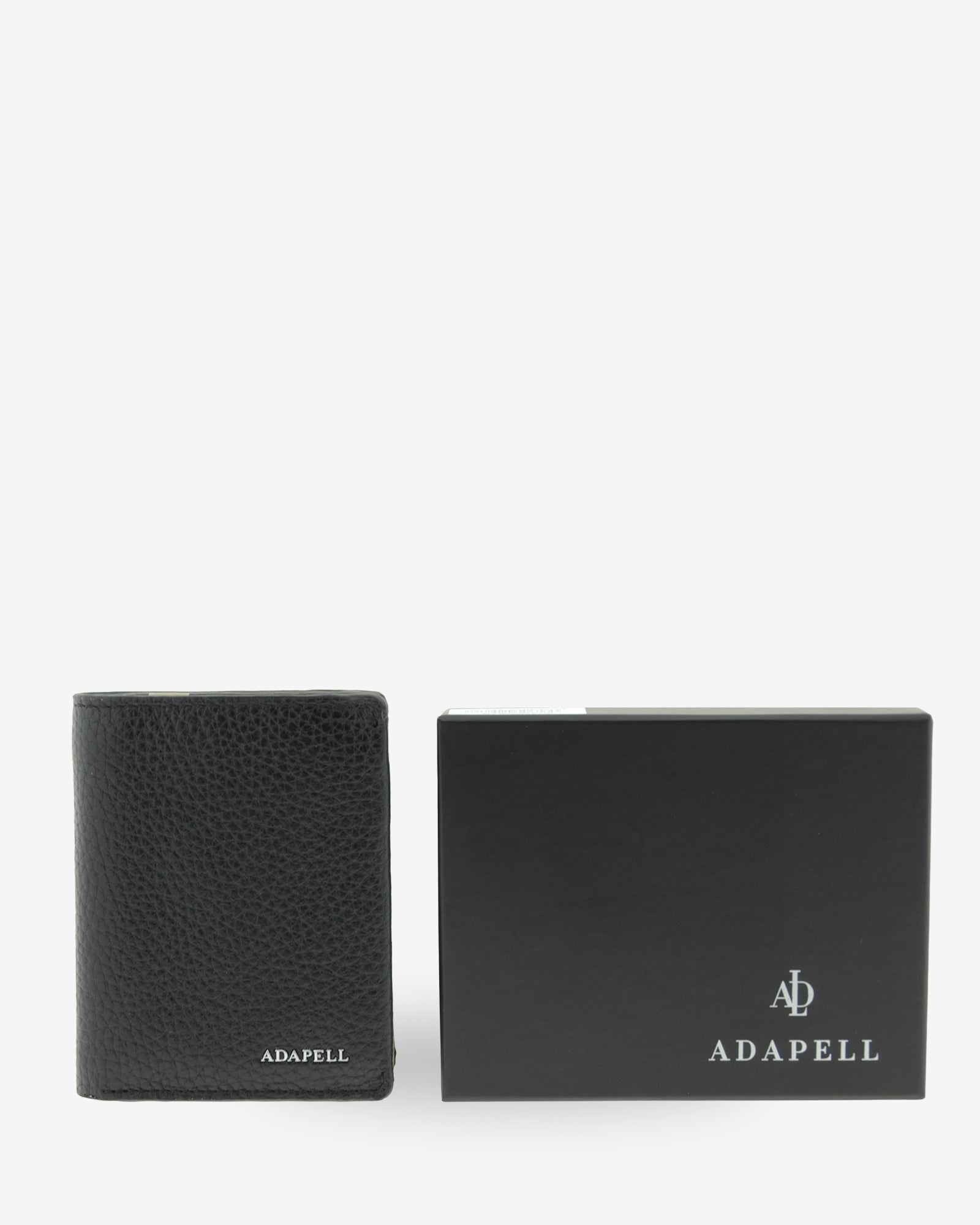 Cartera de hombre Nexo 1671 en piel negra junto a la caja ADAPELL