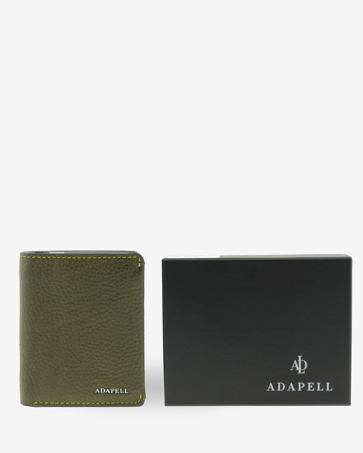Cartera de hombre Nexo 1671 en piel verde Loden junto a la caja ADAPELL