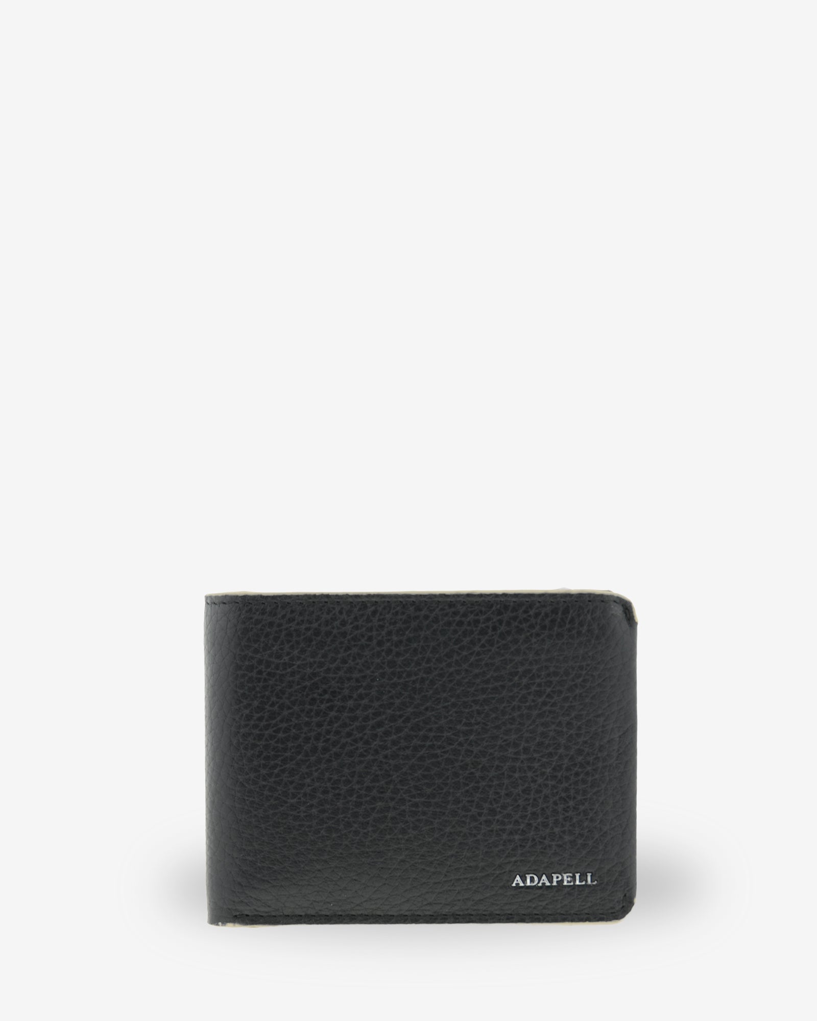 Cartera de hombre Nexo 1672 horizontal en piel negra, vista frontal con logo ADAPELL