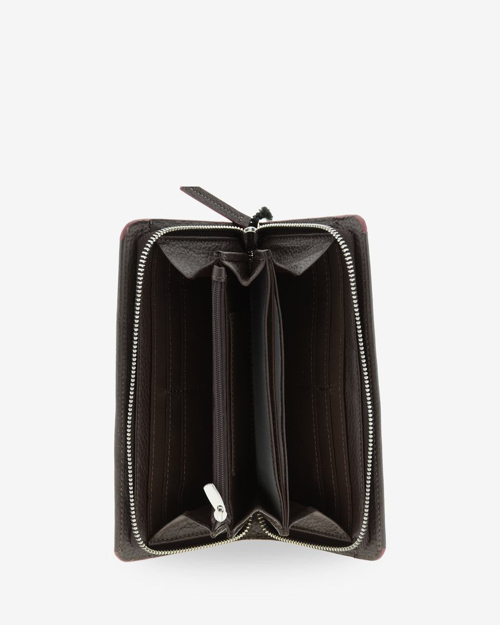 Interior abierto de la cartera Nexo 4260 chocolate con ranuras para tarjetas y compartimento central con cremallera.