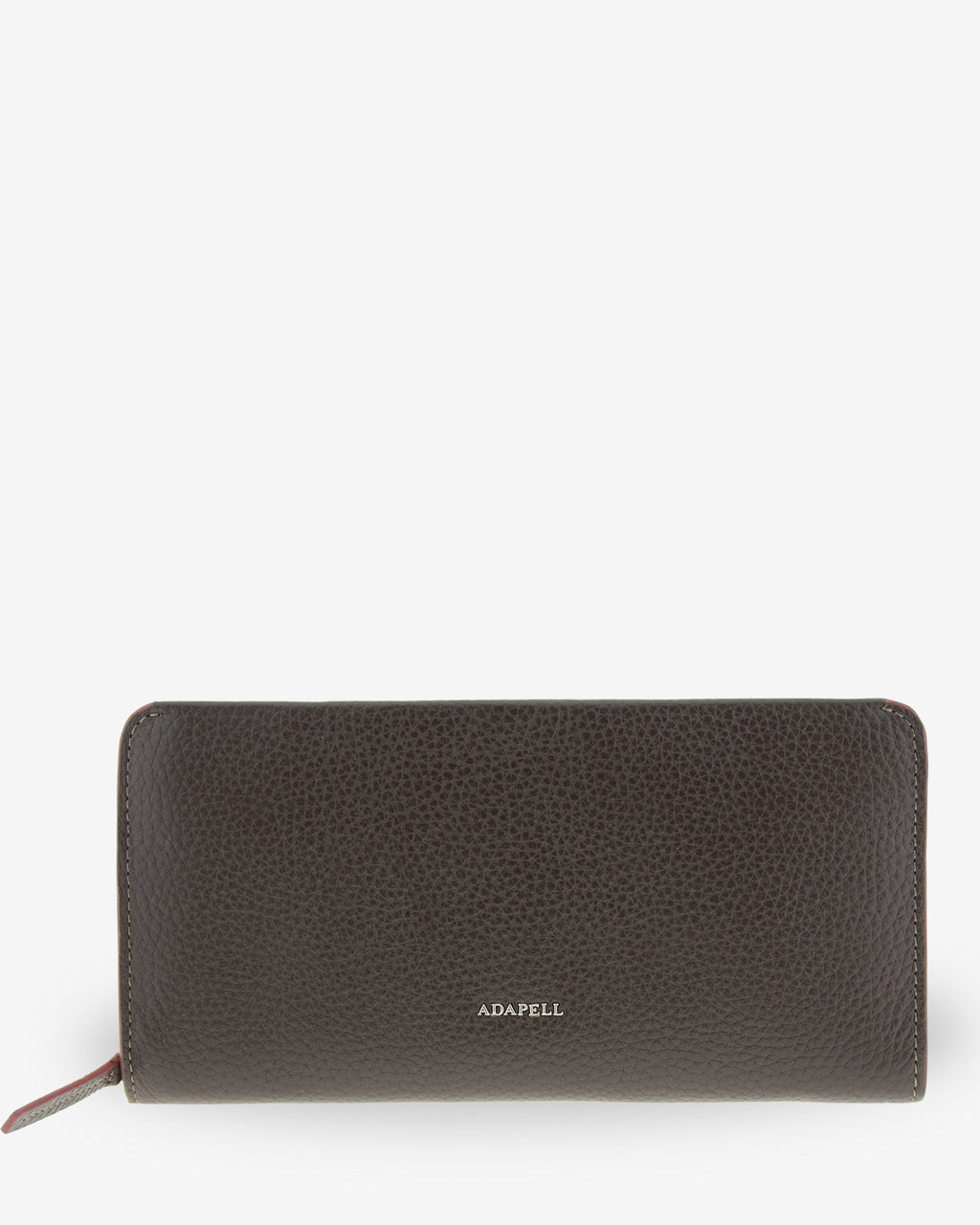 Vista frontal de la cartera grande de piel Nexo 4260 en color chocolate con cierre perimetral de cremallera y logo ADAPELL.