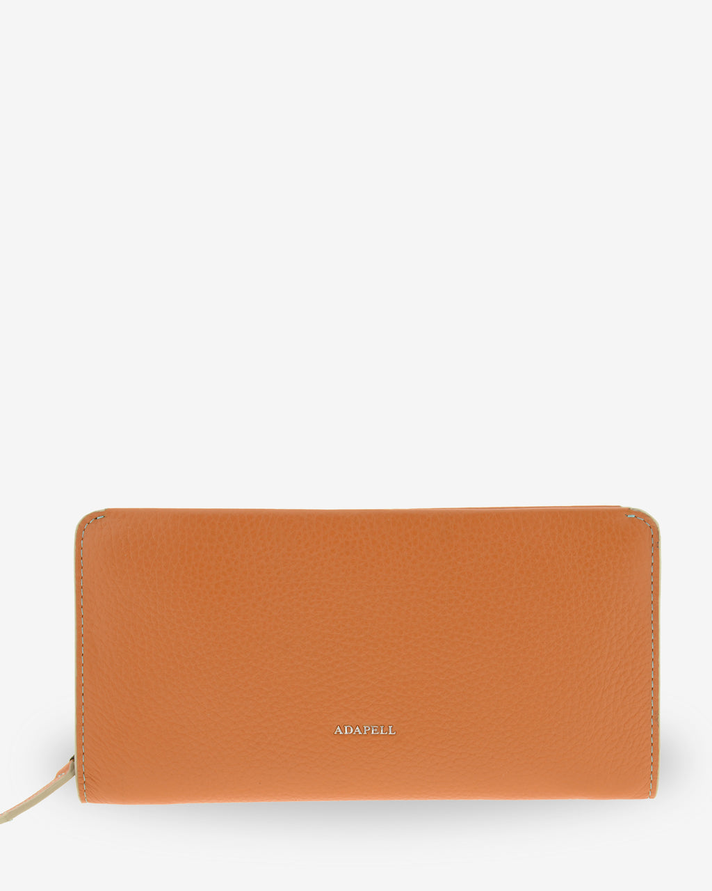 Vista frontal de la cartera grande de piel Nexo 4260 en color miel con cierre perimetral de cremallera y logo ADAPELL.