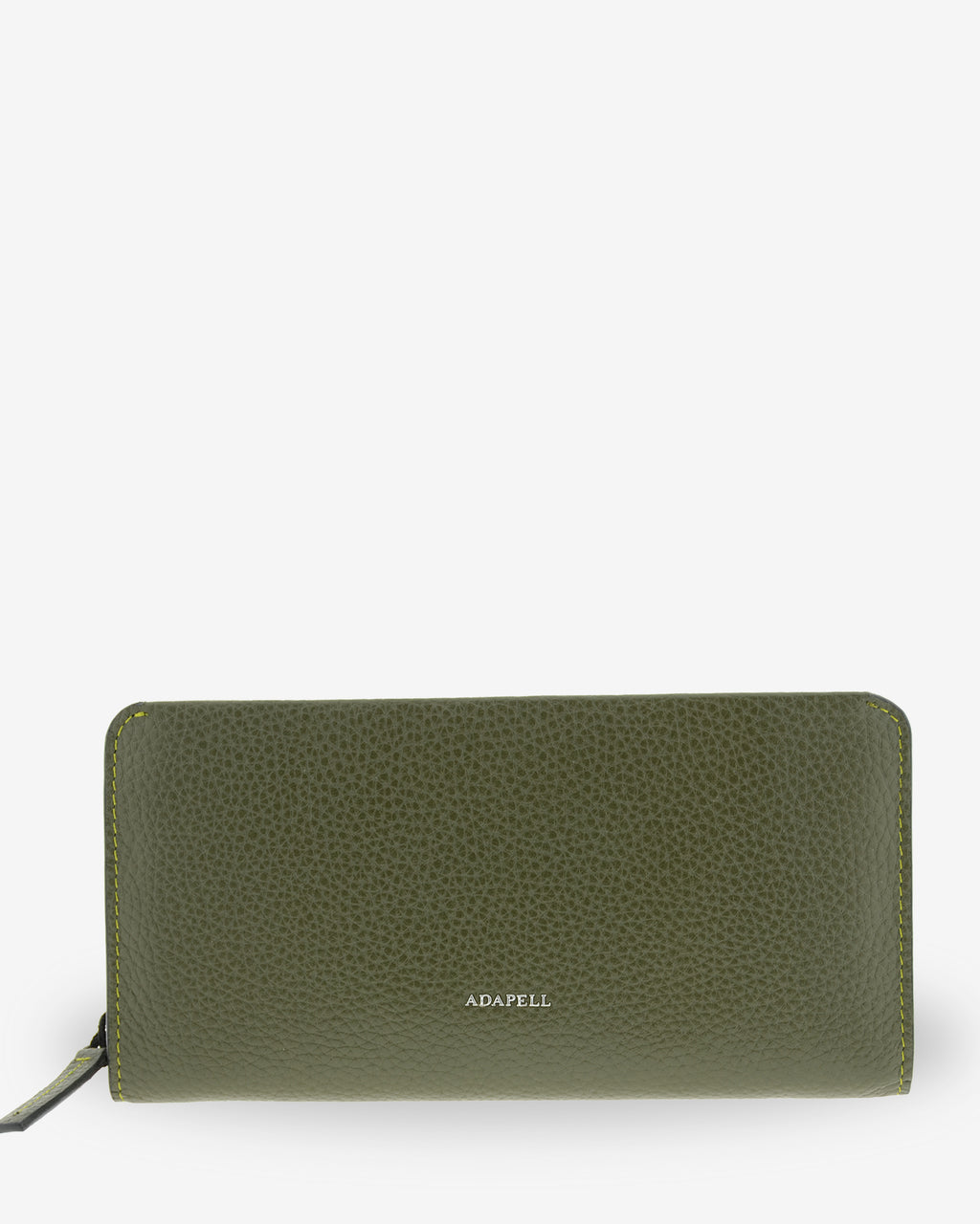 Vista frontal de la cartera grande de piel Nexo 4260 en color Verde Loden con cierre perimetral de cremallera y logo ADAPELL.