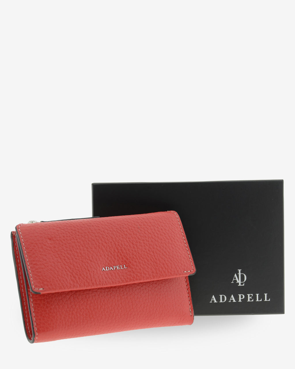 Cartera de piel Nexo 4261 en color amapola presentada junto a su caja Adapell.