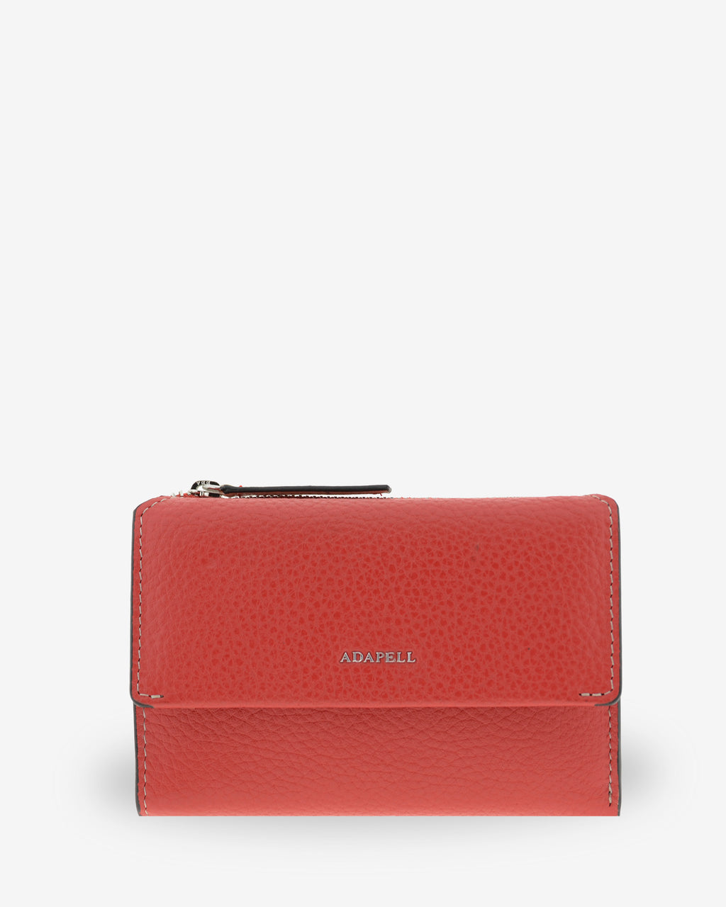 Vista frontal de la cartera de piel Nexo 4261 en color amapola con solapa y logo ADAPELL.