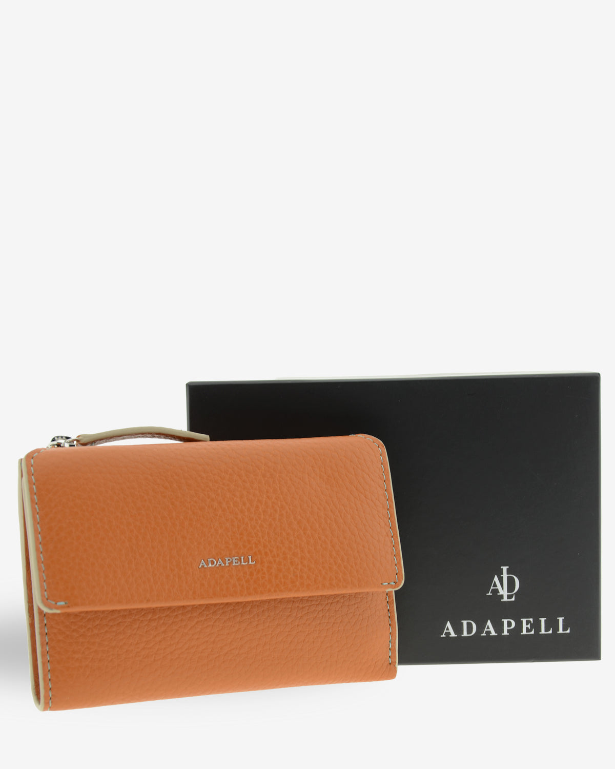 Cartera de piel Nexo 4261 en color miel presentada junto a su caja Adapell.