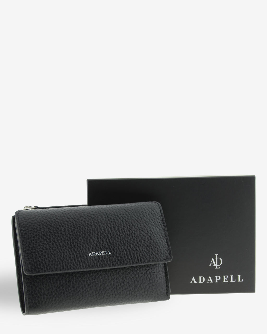 Cartera de piel Nexo 4261 en color negro presentada junto a su caja Adapell.