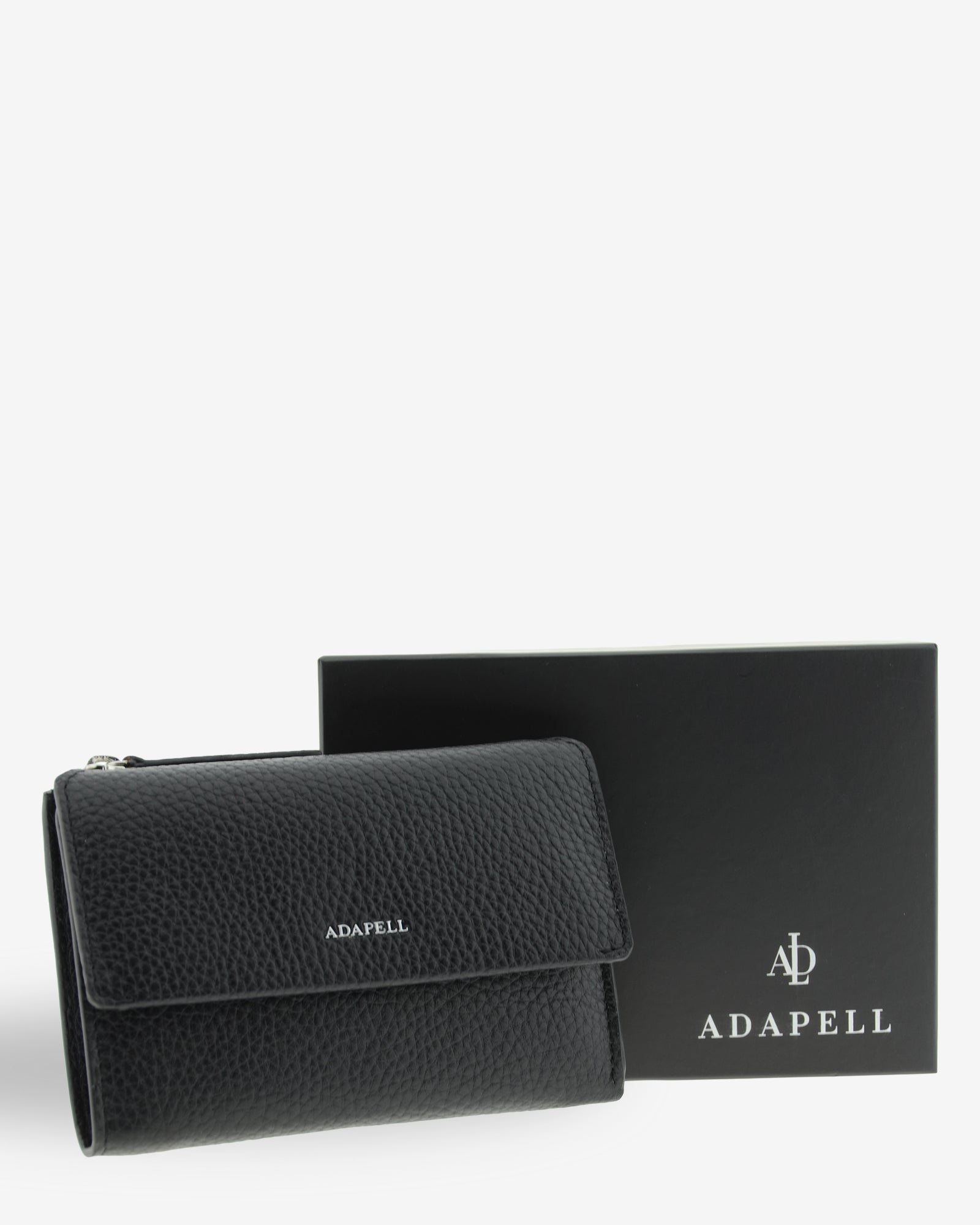 Cartera de piel Nexo 4261 en color negro presentada junto a su caja Adapell.