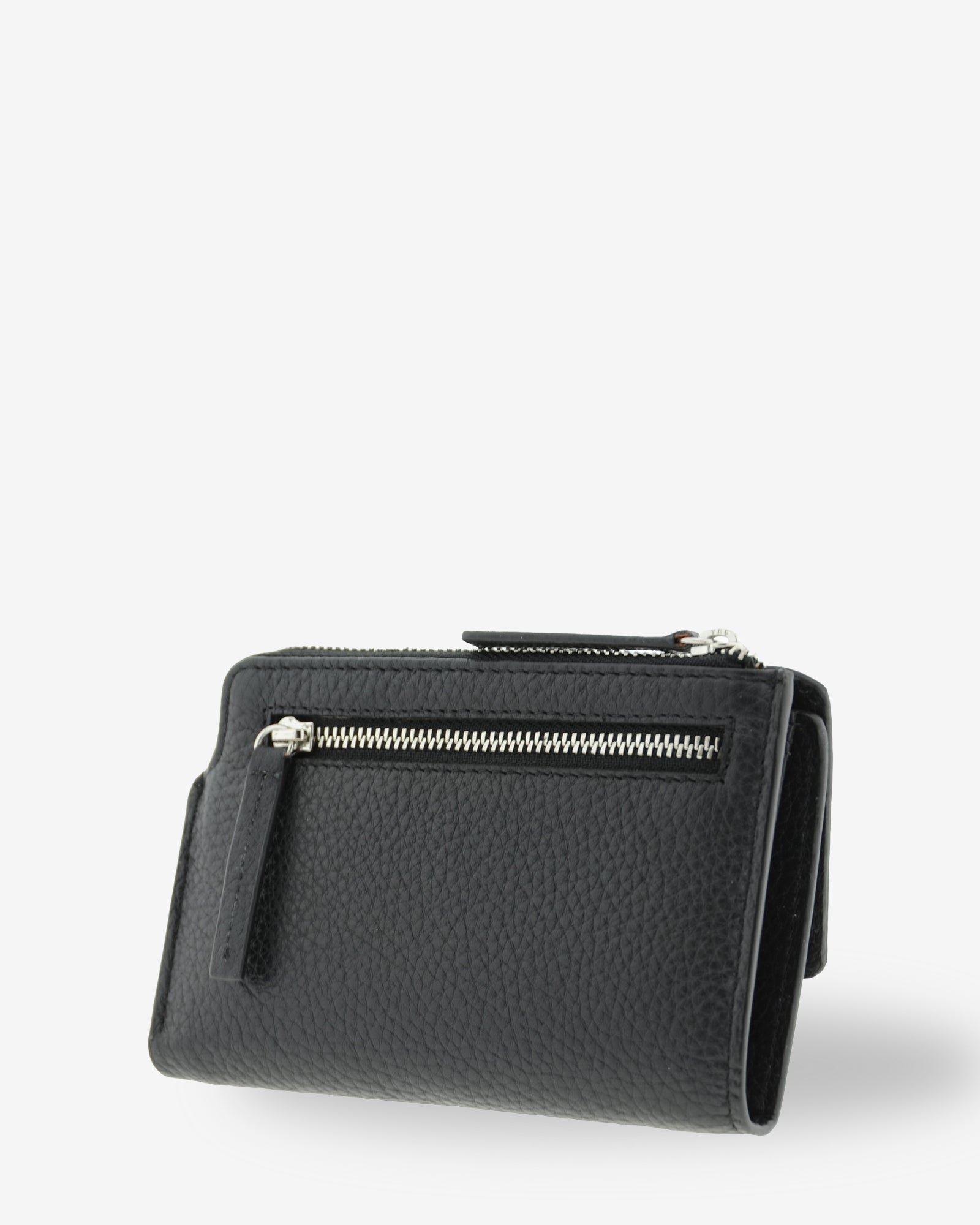 Vista trasera en tres cuartos de la cartera Nexo 4261 negra con monedero exterior con cremallera.