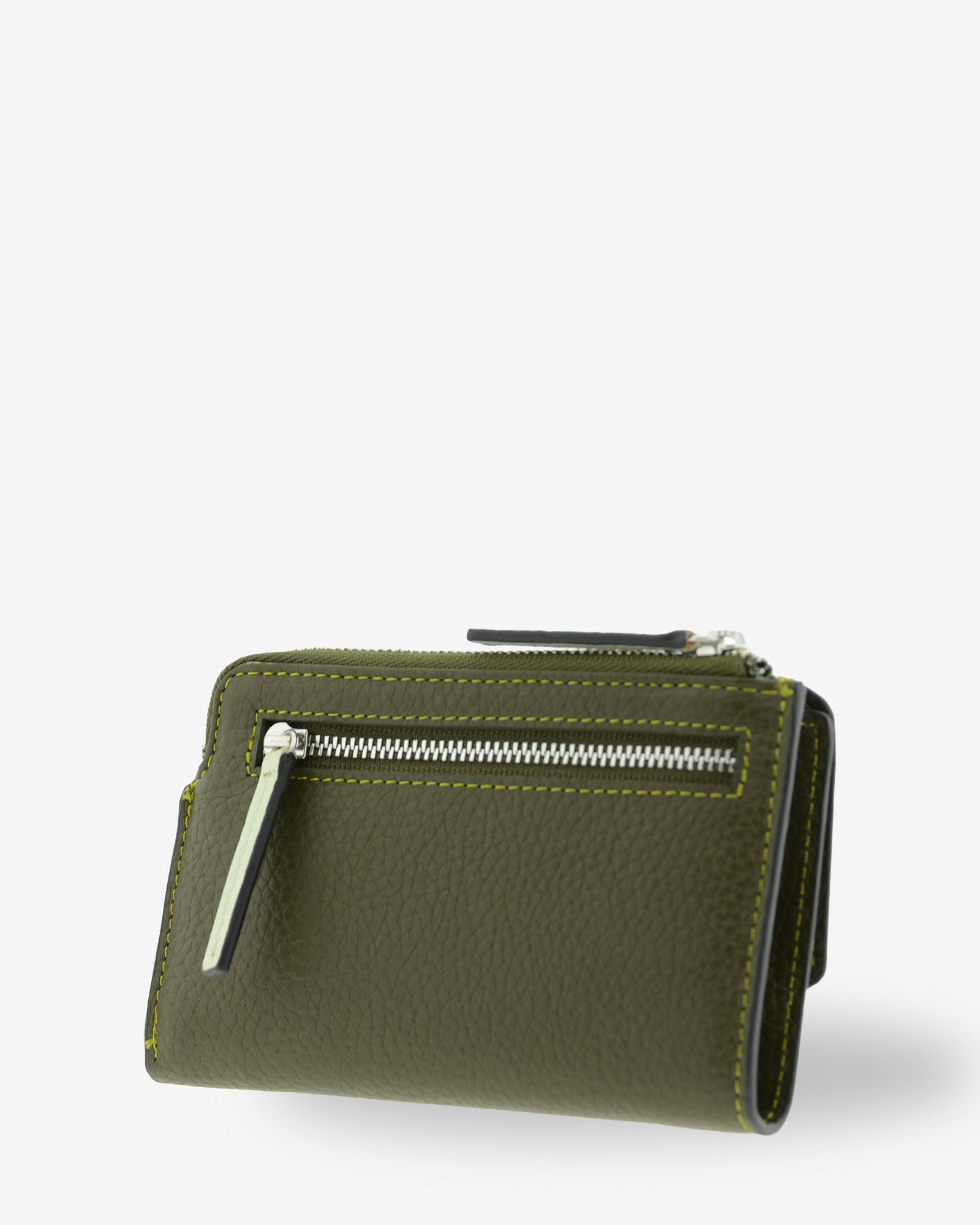 Vista trasera en tres cuartos de la cartera Nexo 4261 Verde Loden con monedero exterior con cremallera.