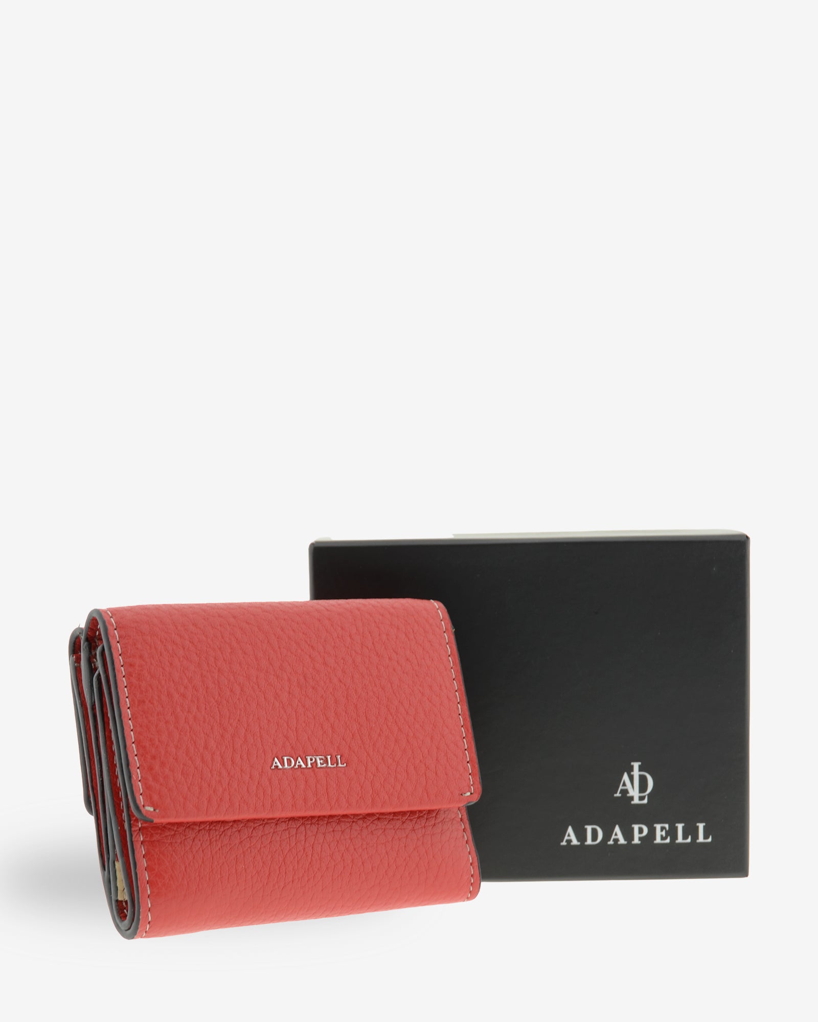 Cartera pequeña de piel Nexo 4262 en color amapola presentada junto a su caja Adapell.