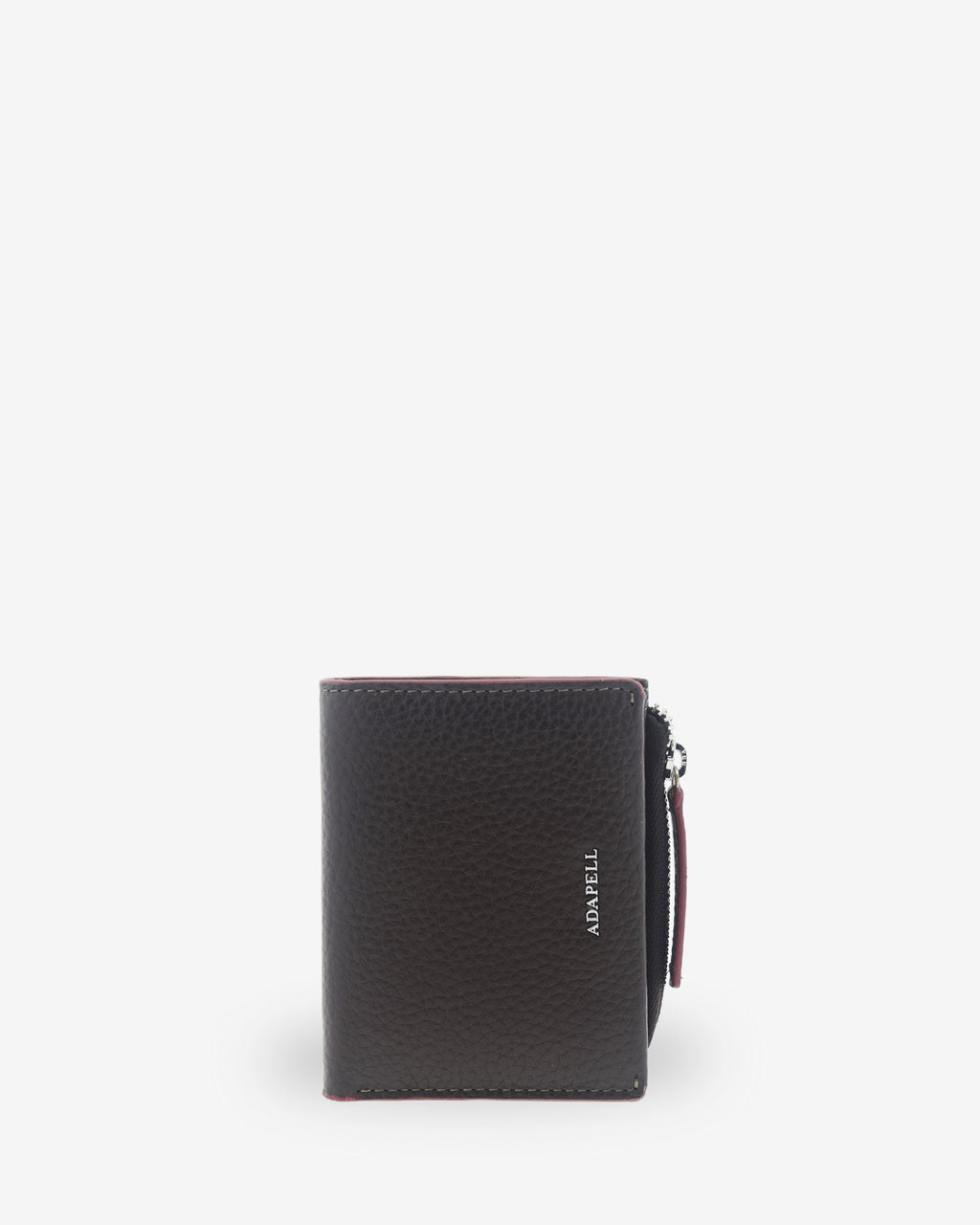 Vista frontal de la cartera pequeña y fina de piel Nexo 4263 en color chocolate con logo ADAPELL.