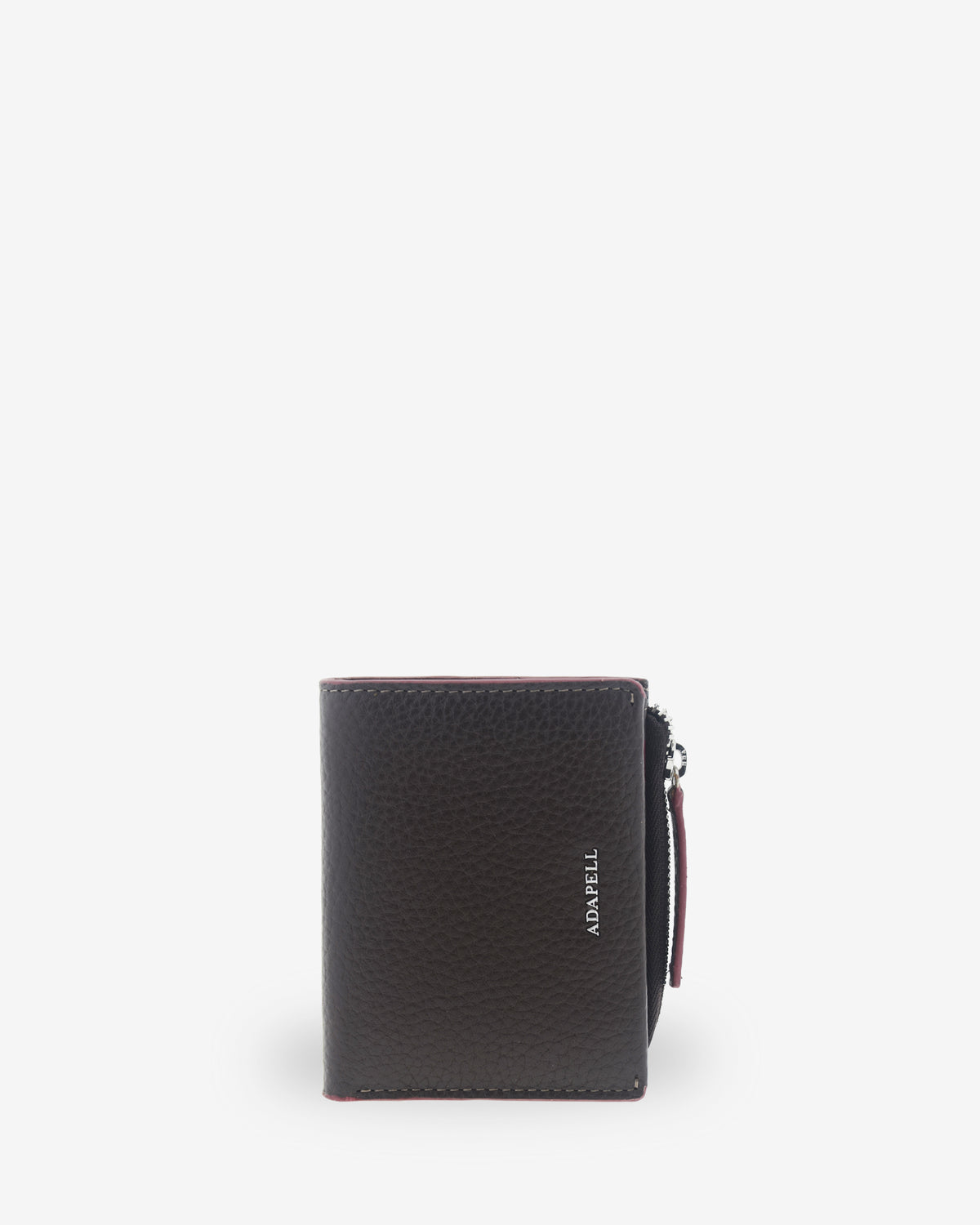 Vista frontal de la cartera pequeña y fina de piel Nexo 4263 en color chocolate con logo ADAPELL.