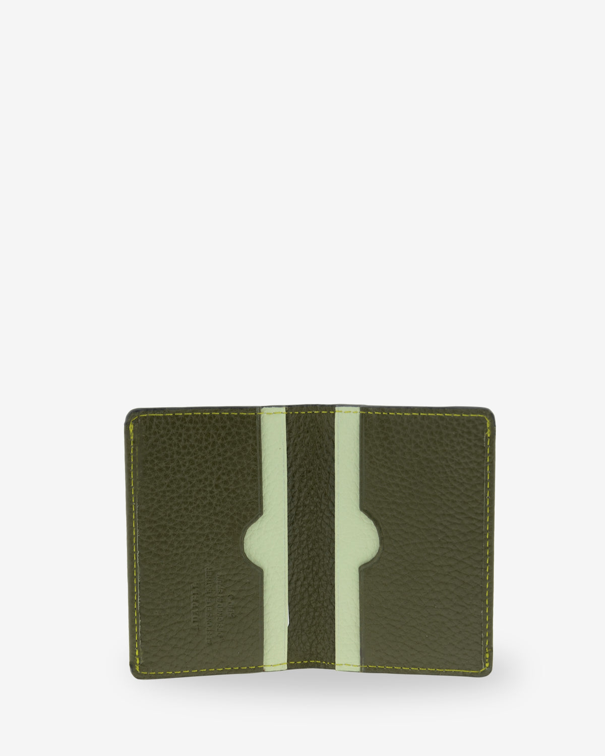 Interior abierto del tarjetero de piel Nexo 8089 en color Verde Loden con compartimentos para tarjetas.