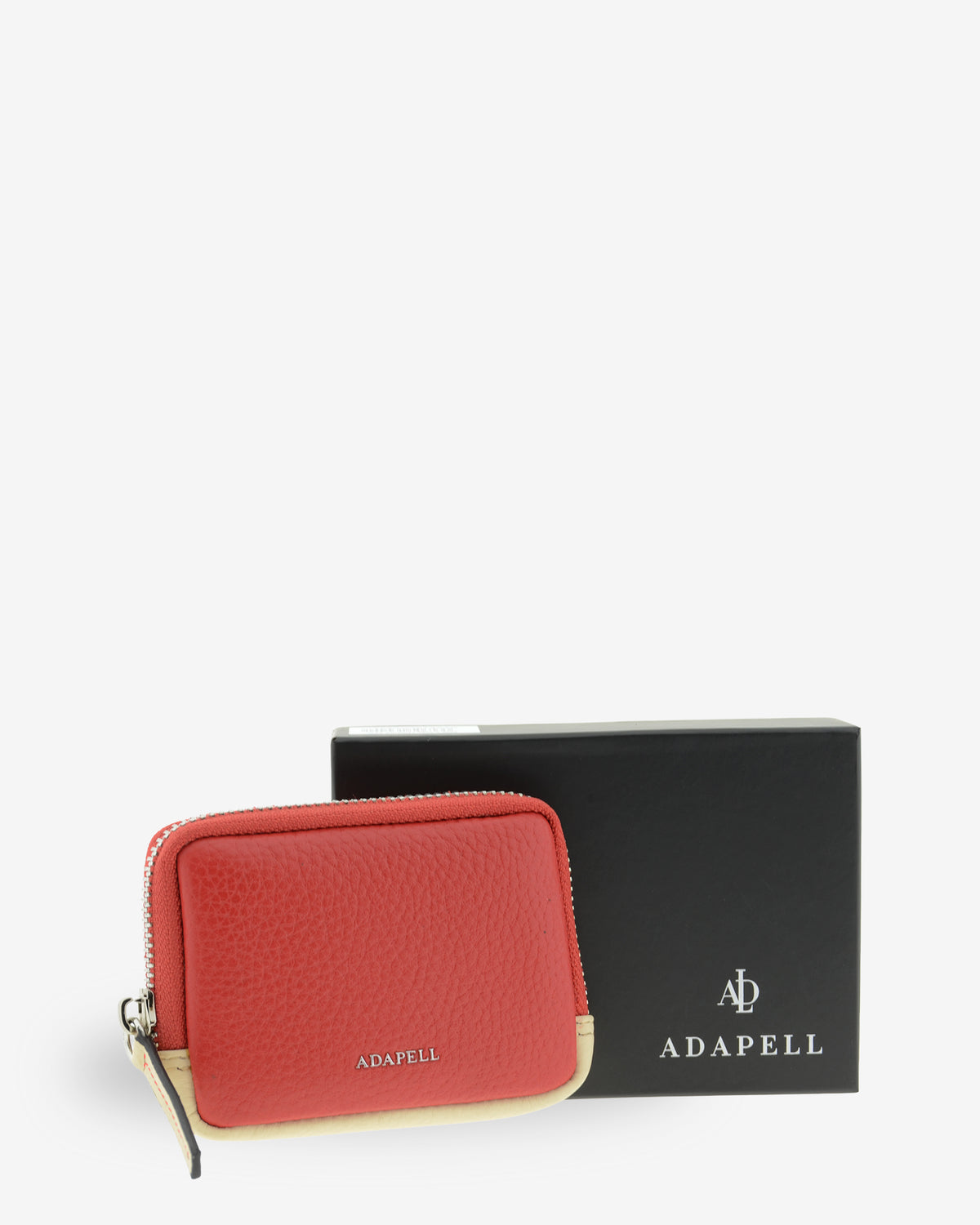 Monedero de piel Nexo 8095 en color amapola presentado junto a su caja Adapell.