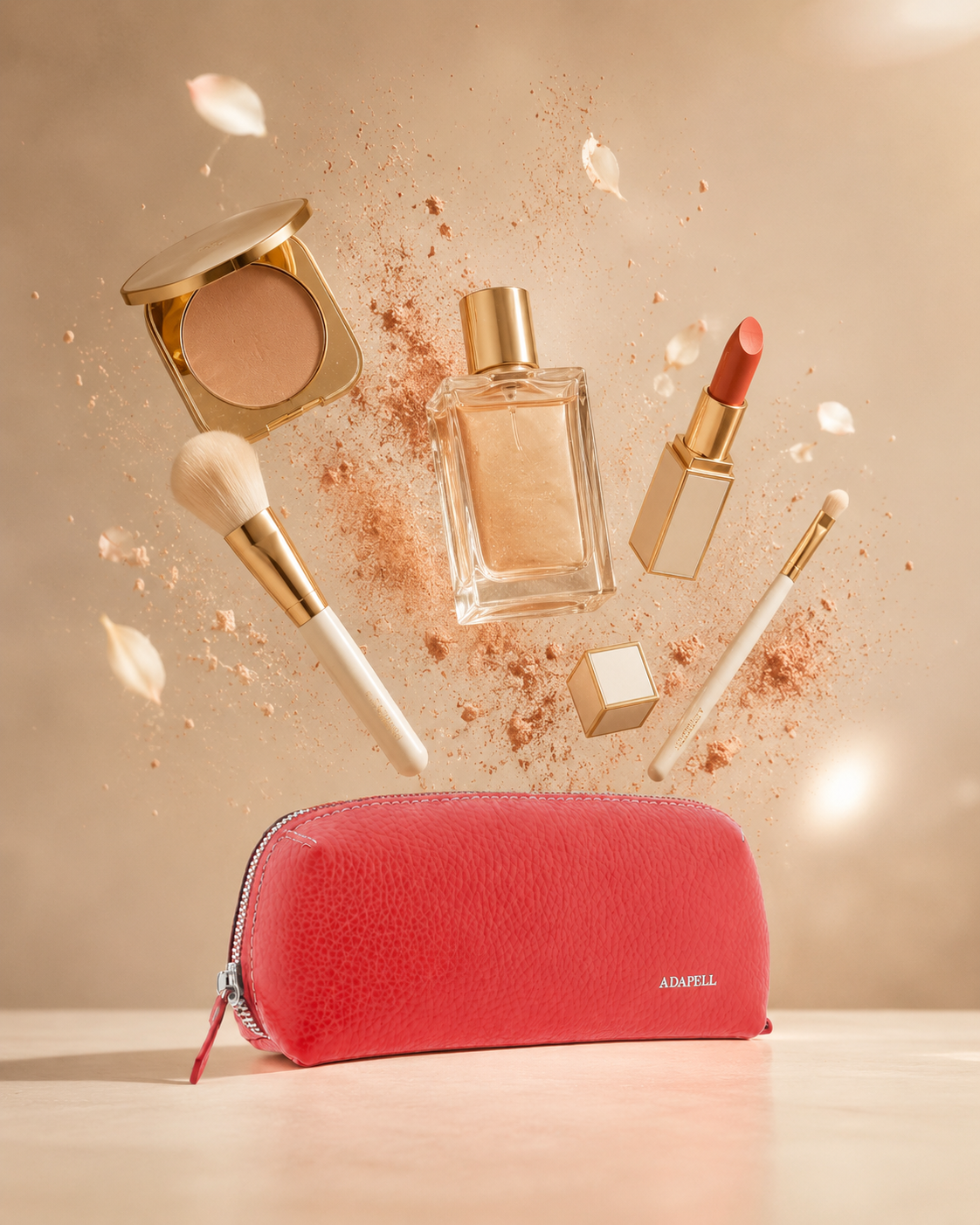 Estuche para esenciales Nexo 8097 de Adapell en piel amapola en composición con cosméticos, perfume y accesorios de maquillaje