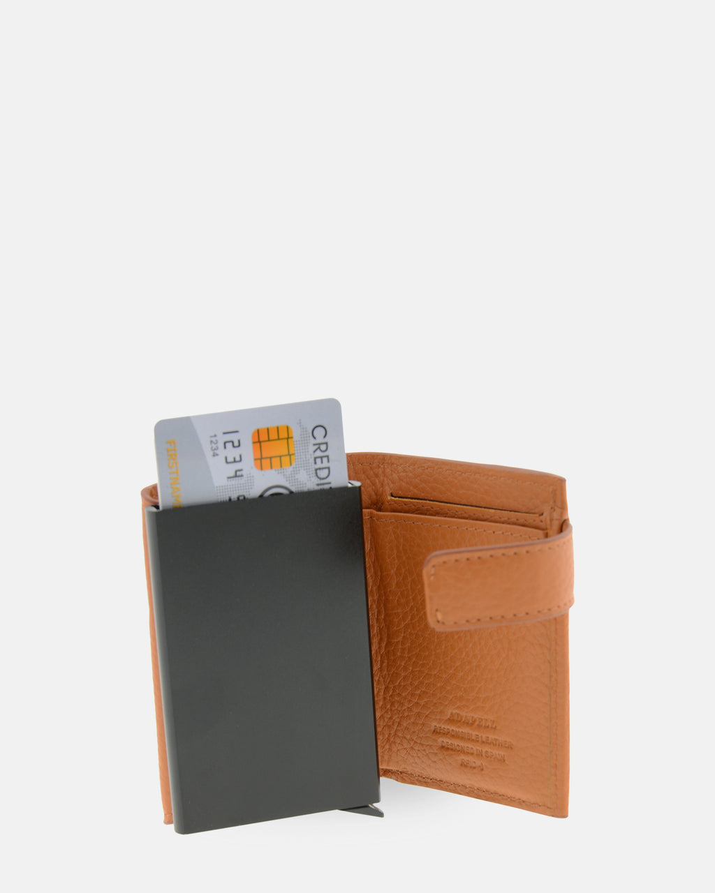 Tarjetero automático Nexo 8100 miel abierto mostrando el compartimento metálico para tarjetas.