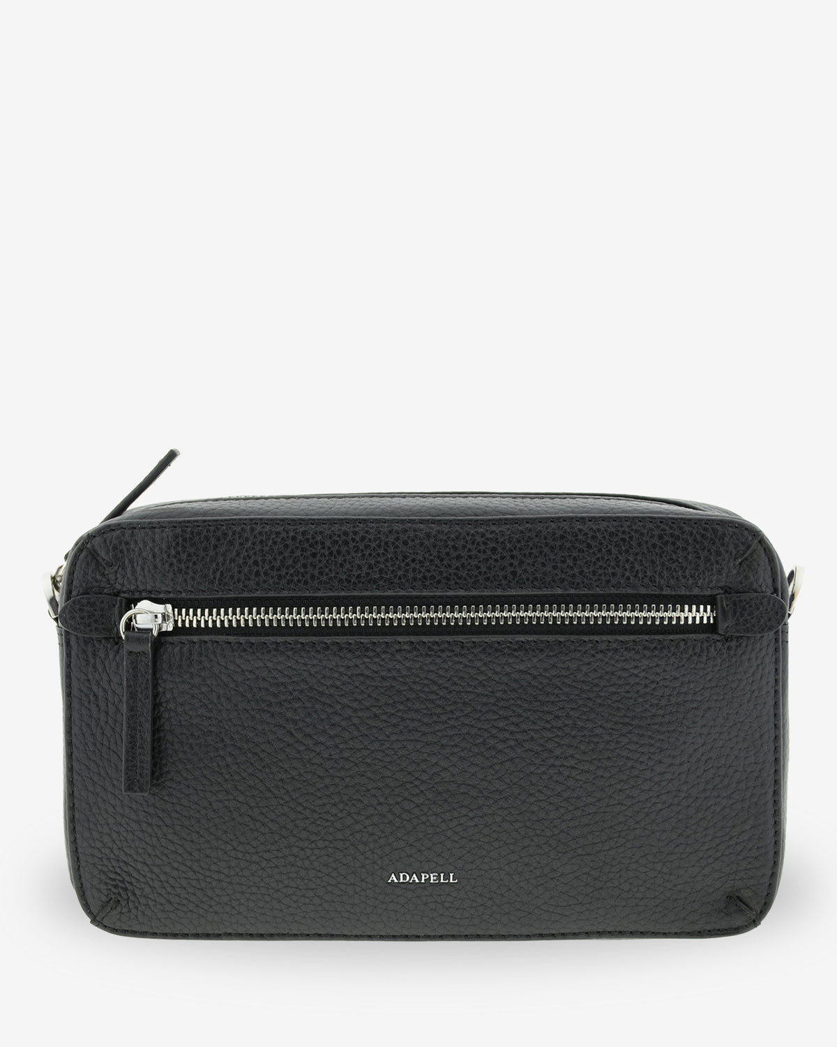 Bolso bandolera horizontal Nexo en color negro, vista frontal con bolsillo exterior con cremallera