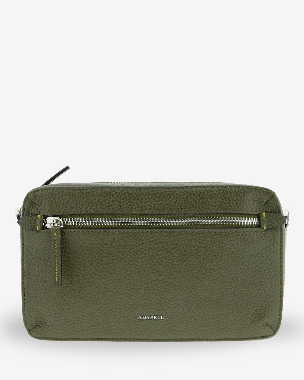 Bolso bandolera horizontal Nexo en color verde, vista frontal con bolsillo exterior con cremallera