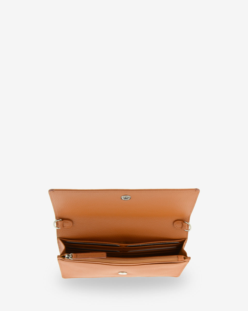 Interior del bolso bandolera Nexo 8090 en color miel con 8 ranuras para tarjetas y compartimento con cremallera