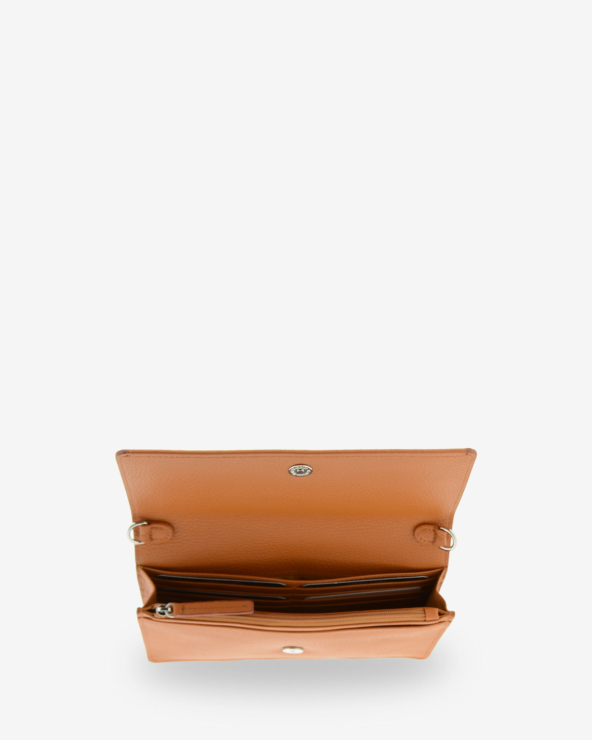 Interior del bolso bandolera Nexo 8090 en color miel con 8 ranuras para tarjetas y compartimento con cremallera