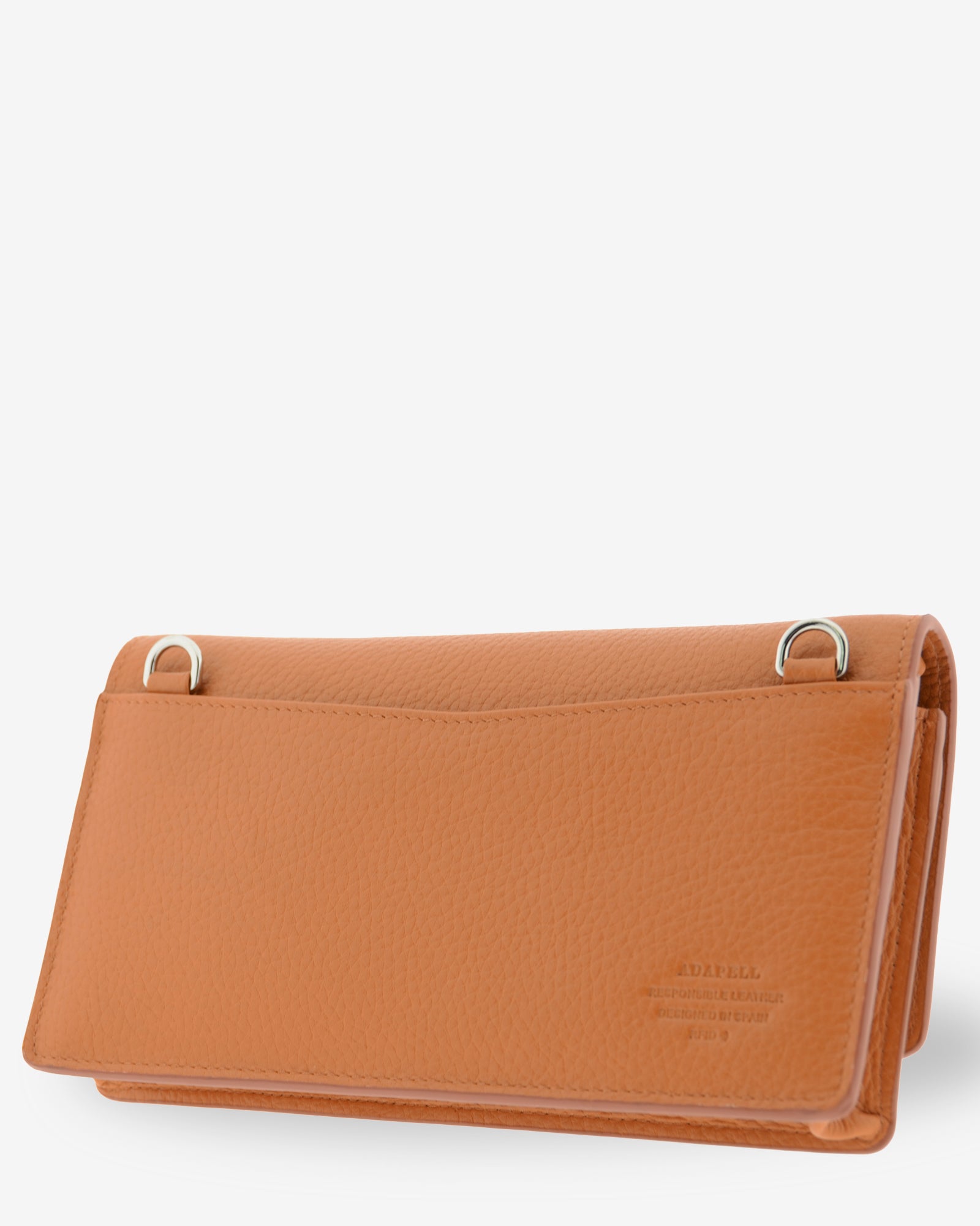 Bolso bandolera Nexo 8090 miel, vista tres cuartos trasera con bolsillo exterior y anillas