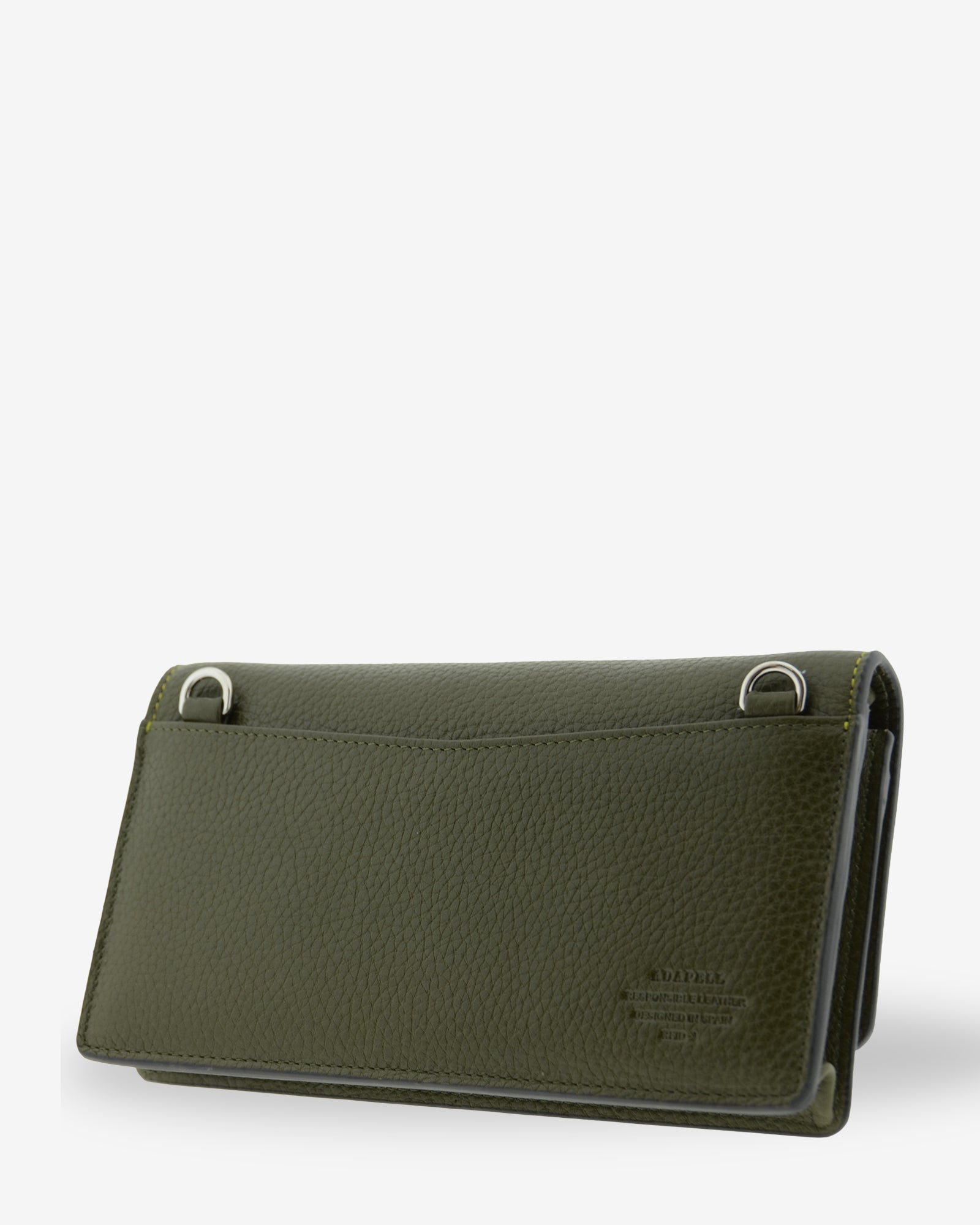 Bolso bandolera Nexo 8090 verde Loden, vista tres cuartos trasera con bolsillo exterior y anillas