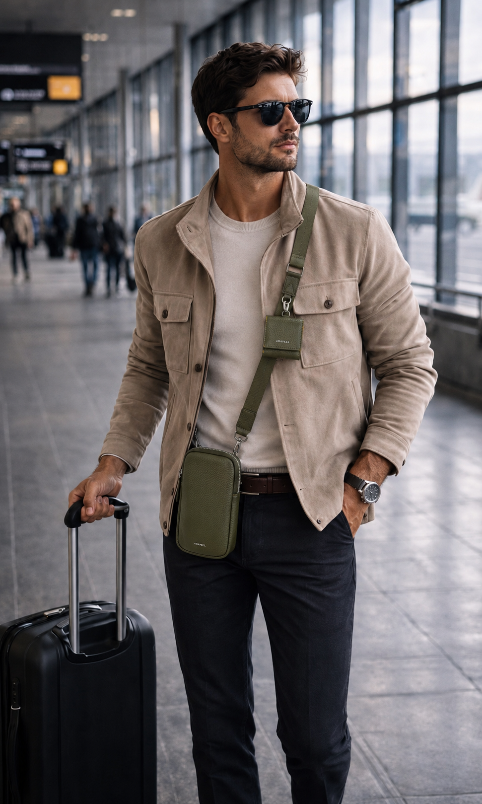Hombre con bolso bandolera vertical Nexo en color verde Loden y accesorios Nexo acoplados a la bandolera