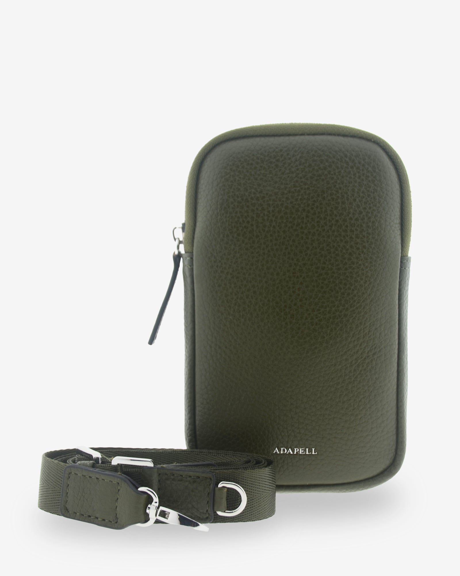 Bolso bandolera vertical Nexo en color verde loden, con bandolera textil regulable y desmontable