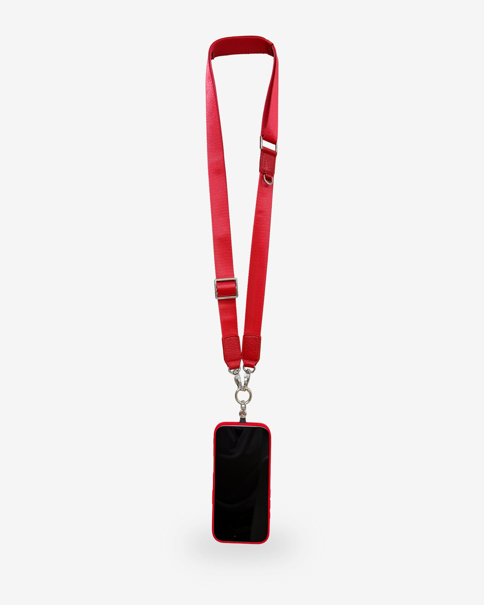 Lanyard Nexo ajustable para móvil en color amapola, con correa de nylon y detalles de piel de vacuno