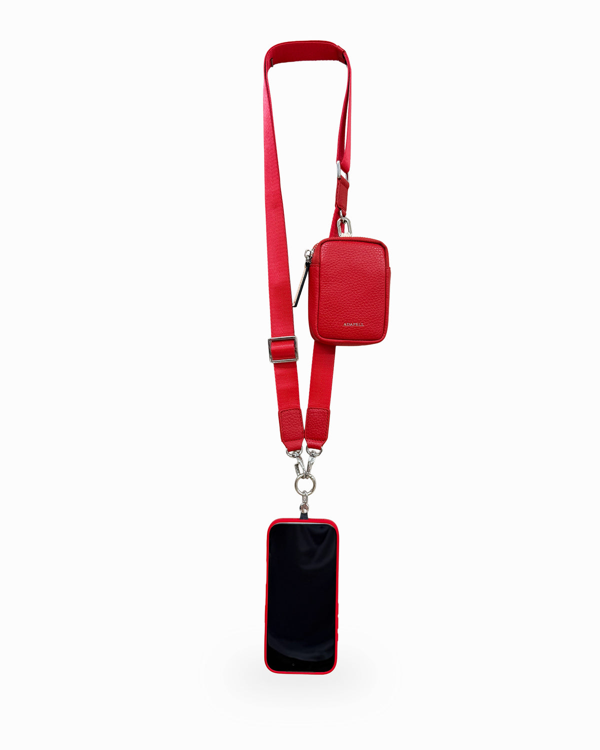 Lanyard Nexo para móvil en color rojo amapola con accesorio Nexo compatible acoplado, correa ajustable y teléfono.