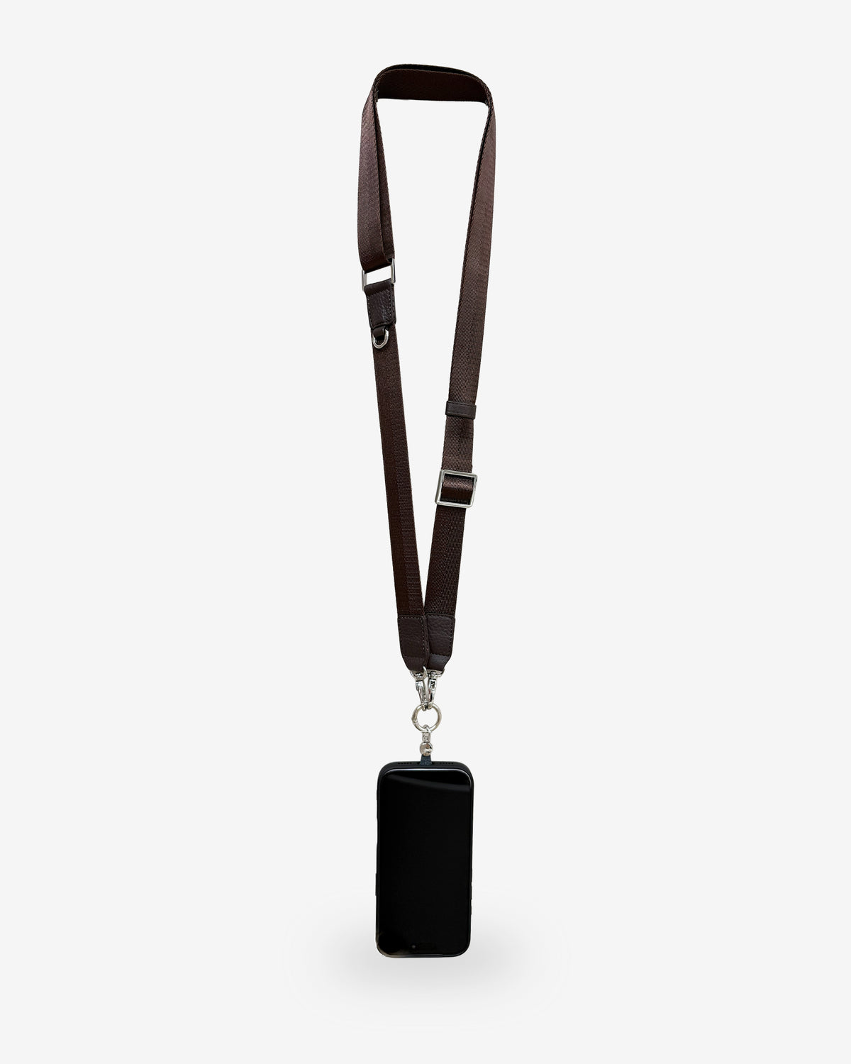 Lanyard Nexo ajustable para móvil en color chocolate, con correa de nylon y detalles de piel de vacuno