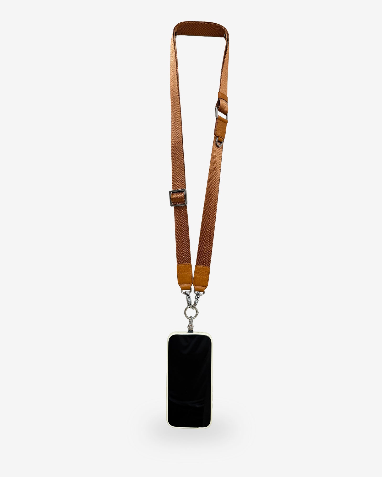 Lanyard Nexo ajustable para móvil en color miel, con correa de nylon y detalles de piel de vacuno.