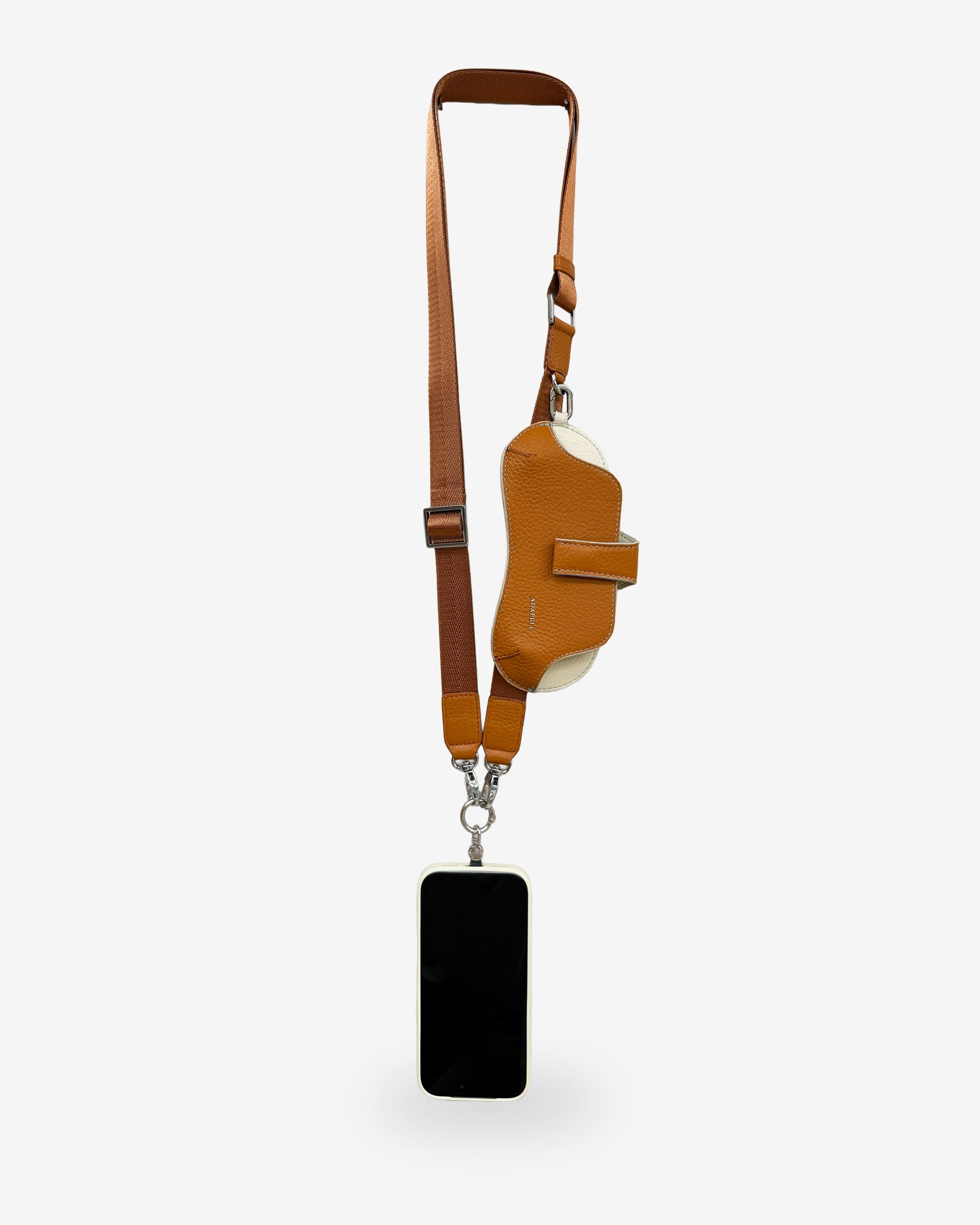 Lanyard Nexo para móvil en color miel con accesorio funda de gafas Nexo compatible acoplado, correa ajustable y teléfono.